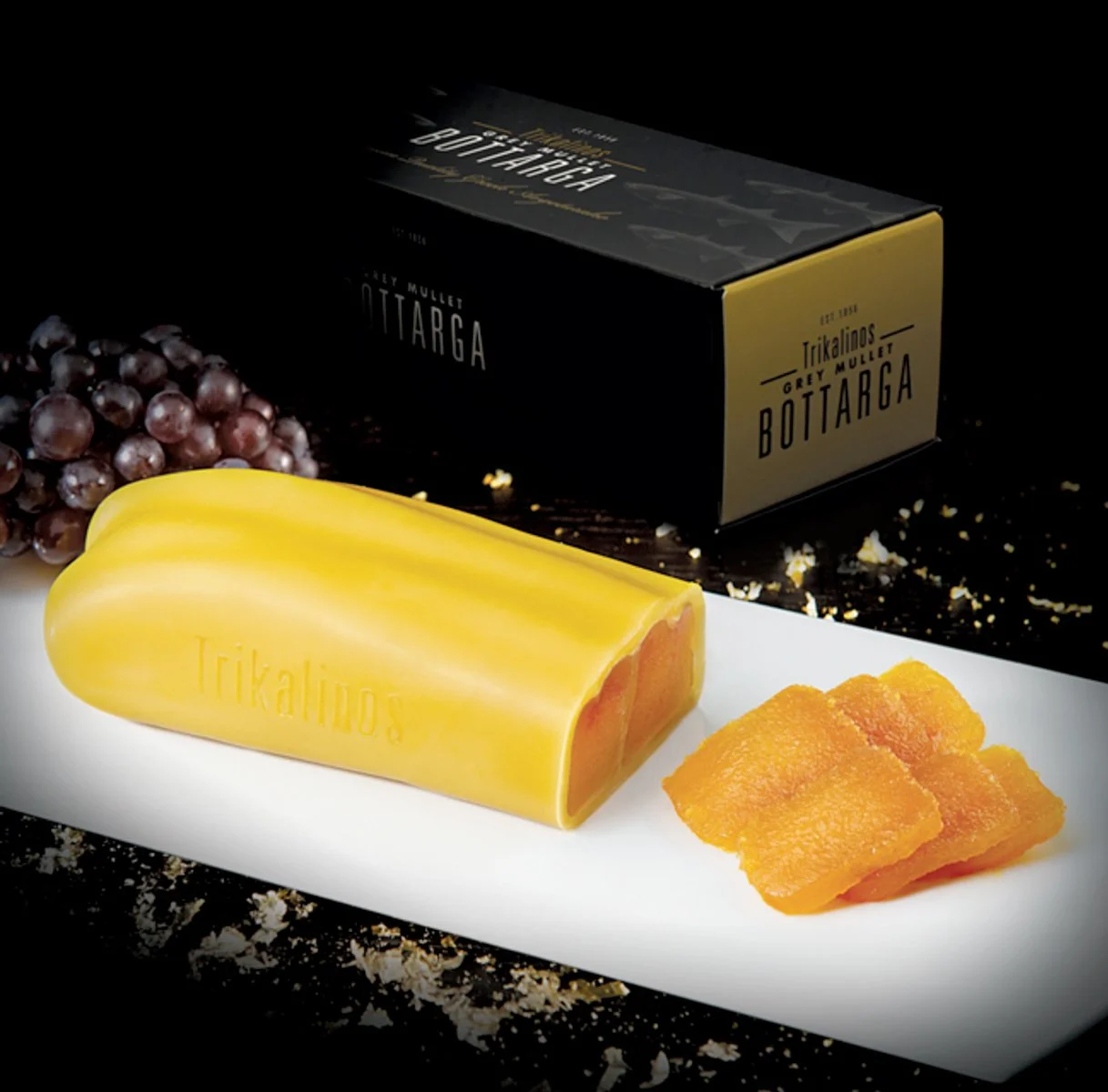 Trikalinos Bottarga luxury product packaging still life, commercial food photography by Stavros Kostakis Photography.