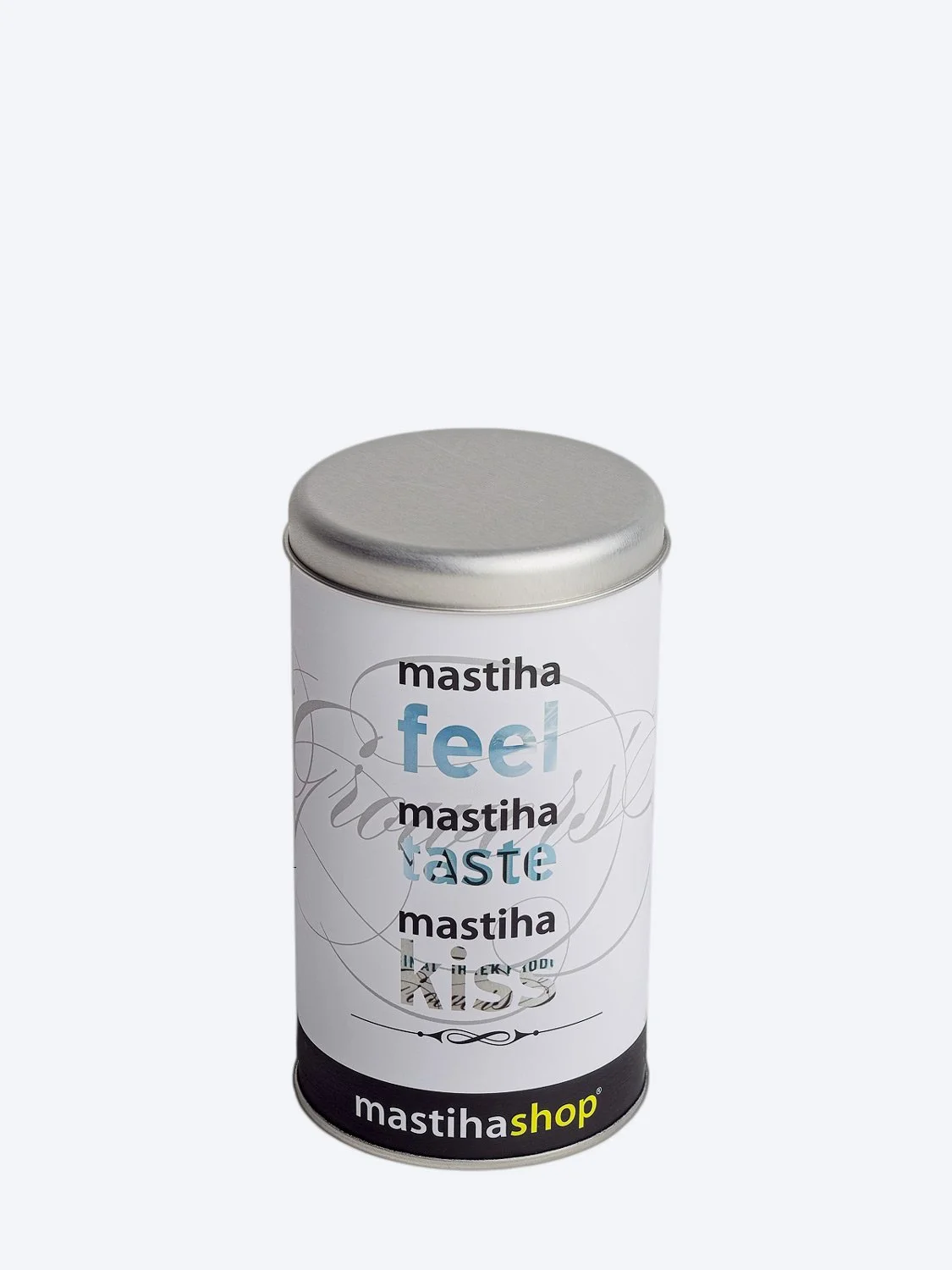 mastihashop, mastic products, premium packaging, tin container, typography design, commercial food photography, metal texture, Chios mastic