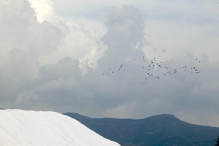 Massive sea salt piles with flock of birds flying, dramatic industrial landscape by Stavros Kostakis Photography.