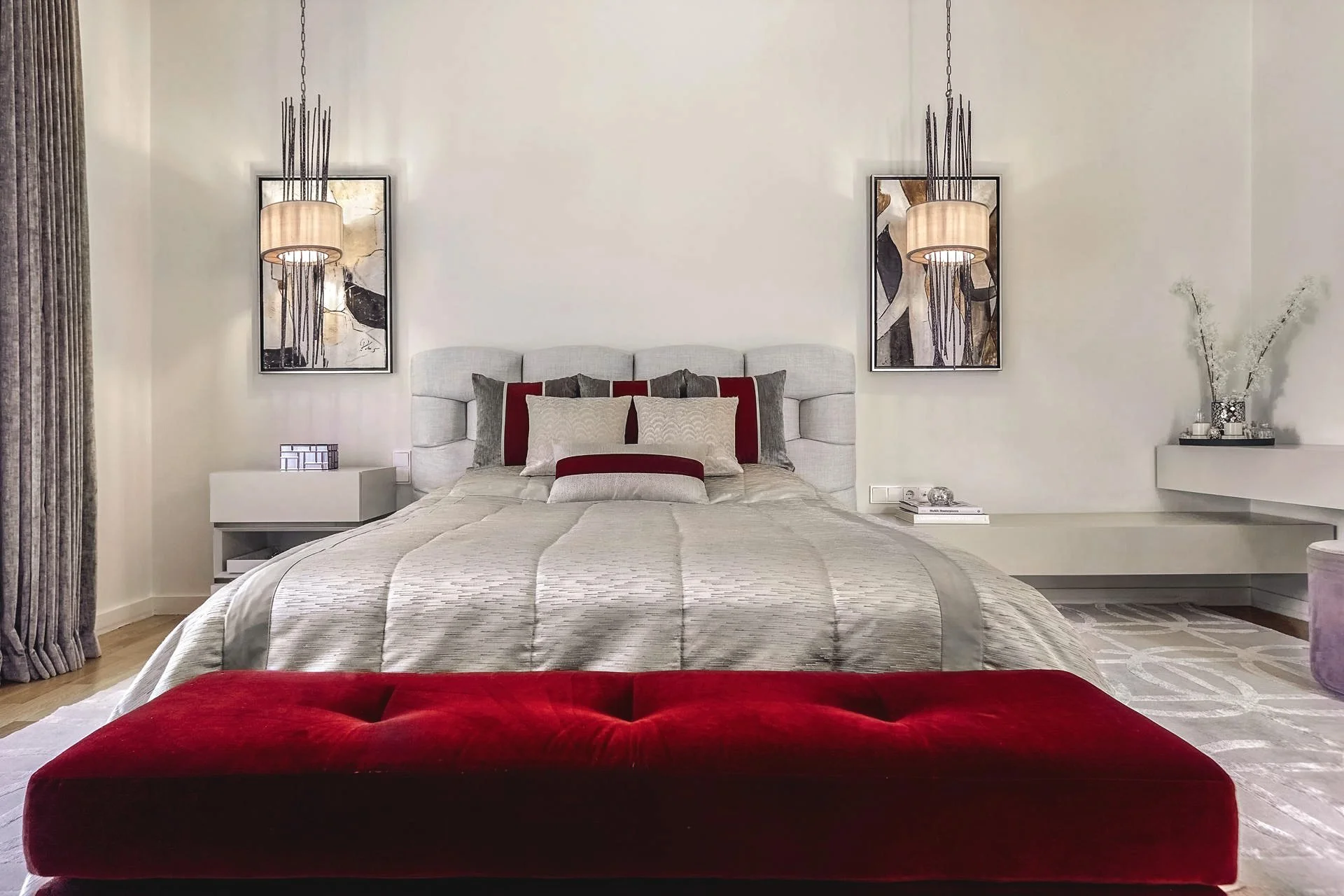High-end bedroom design with premium textiles and ambient lighting, photographed by Stavros Kostakis.
