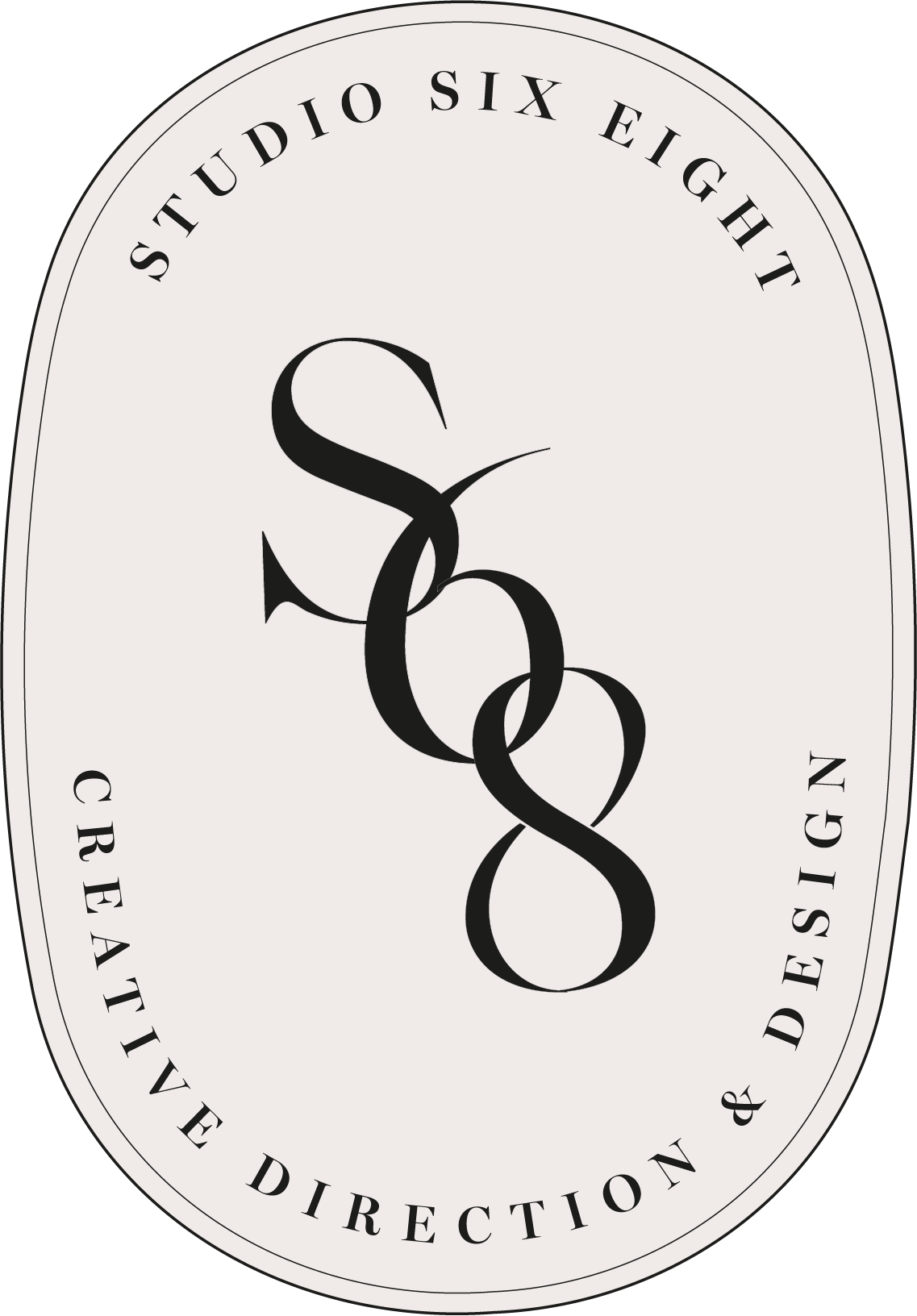 An oval logo with the text 'Studio Six Eight' at the top, 'Creative Direction & Design' at the bottom, and a stylized 'S' and 'G' overlapping in the center.