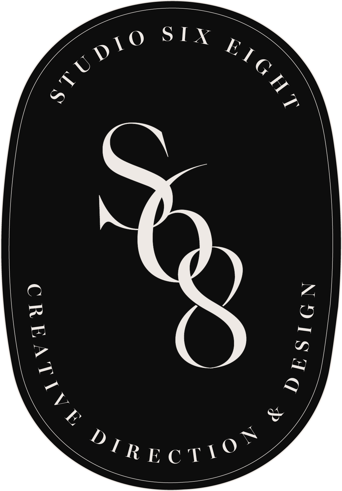 Black oval logo with white stylized intertwined 'S' and 'G' in the center. The text "STUDIO SIX EIGHT" curves along the top edge, and "CREATIVE DIRECTION & DESIGN" curves along the bottom edge.