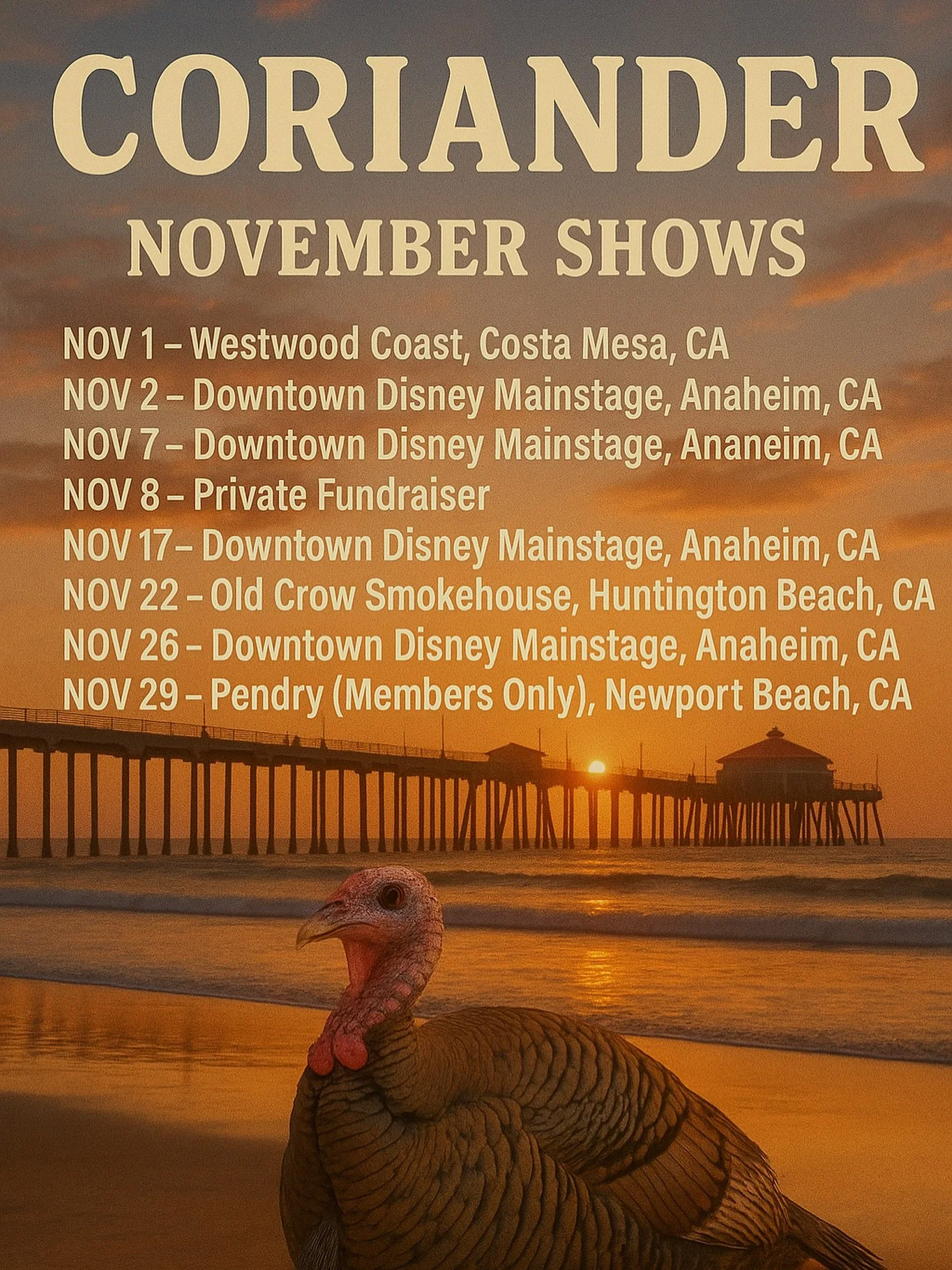 Gobble gobble 🦃 

Catch us trottin around So-Cal this month.

#livemusic #costamesa #huntingtonbeach #anaheim #newportbeach #orangecounty