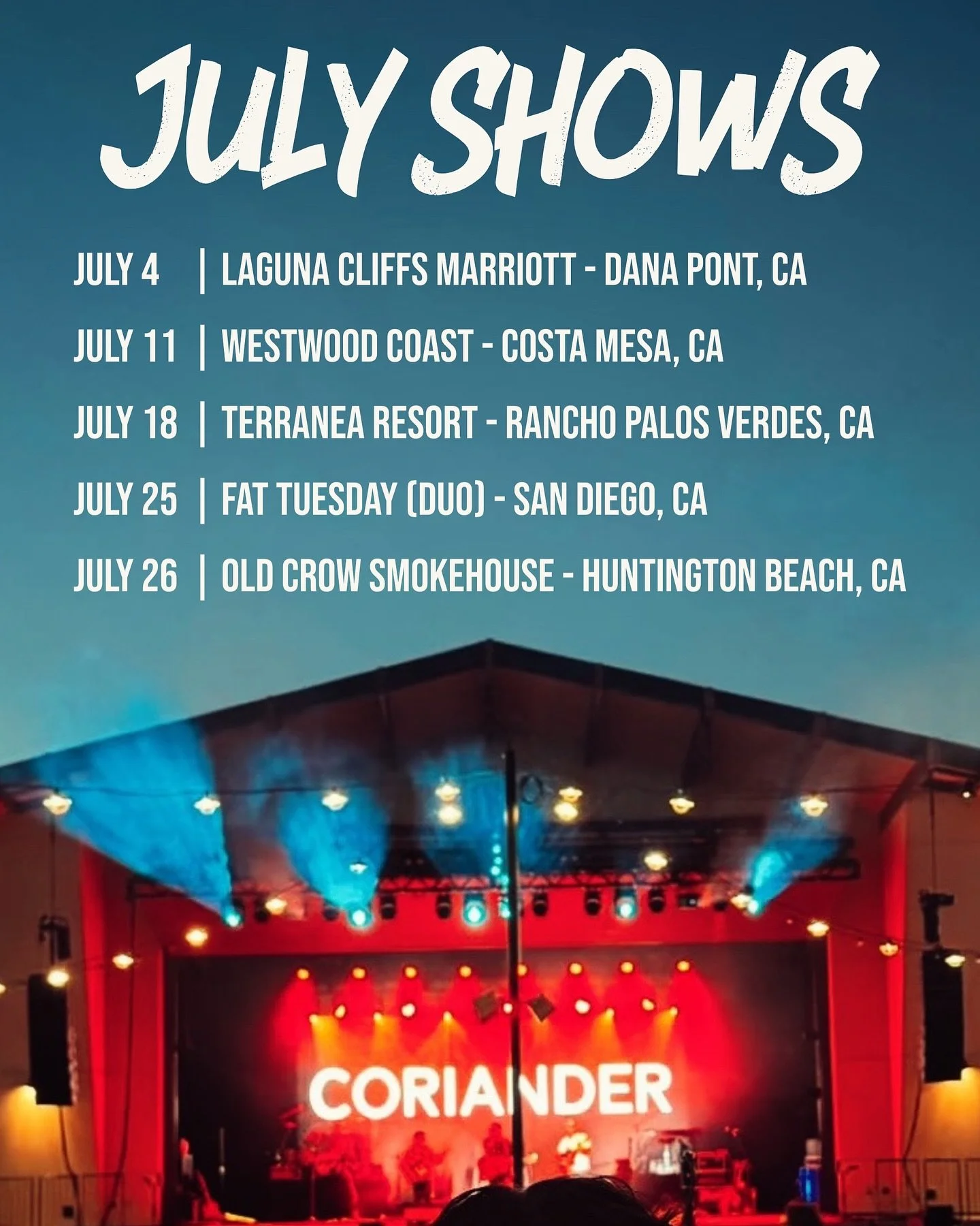 July is heating up. Let&rsquo;s party 🤘🏾 

July 4 - @lagunacliffs 
July 11 - @westwoodcoastoc 
July 18 - @terranearesort 
July 25 - @fattuesdaysandiego - Duo Set
July 26 - @oldcrowsmokehousehb 

#livemusic #lagunacliffs #danapoint #costamesa #ranch