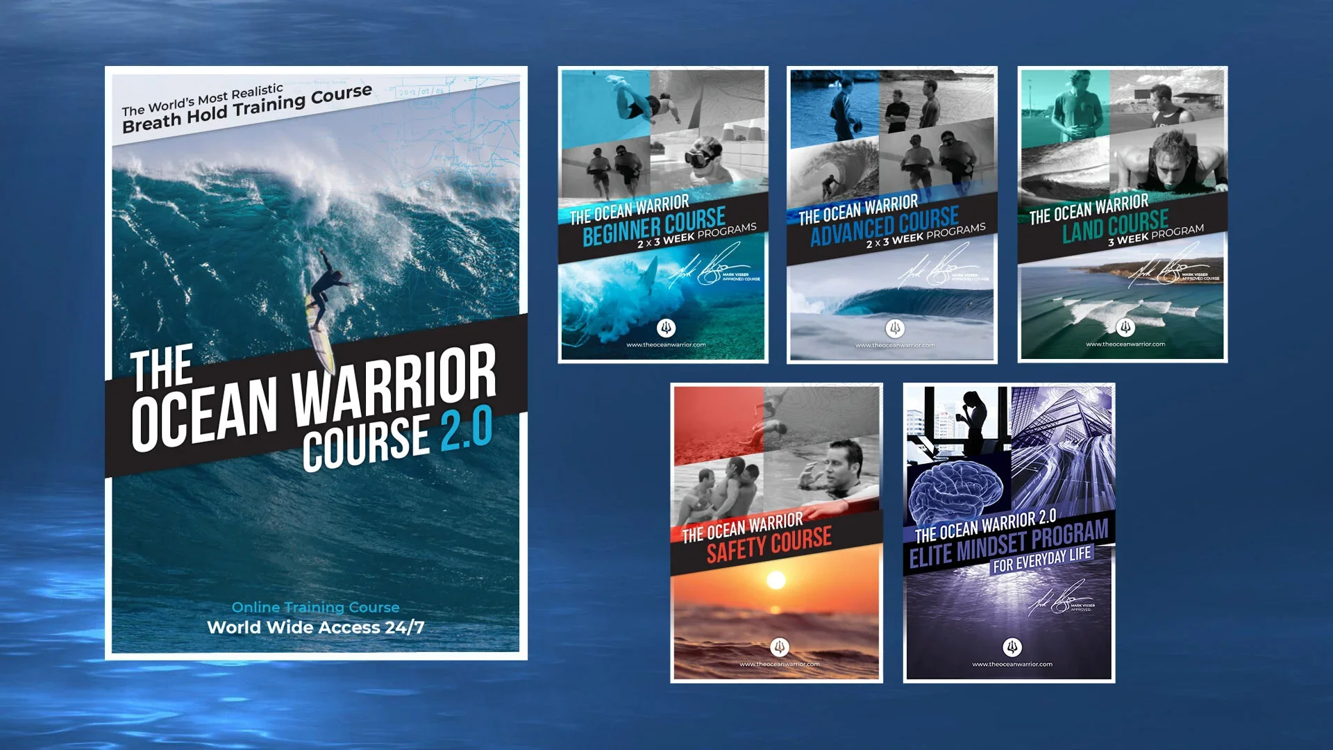 Promotional poster collage for The Ocean Warrior Course 2.0 and related beginner, advanced, land, safety and mindset programs.