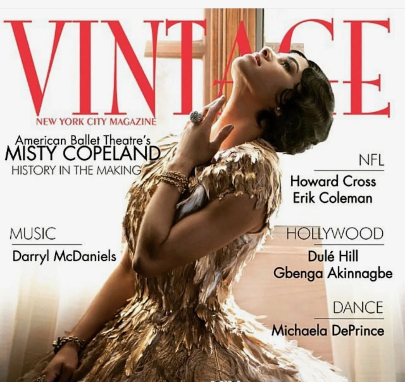 Cover of VINTAGE New York City Magazine featuring Misty Copeland in a feathered dress, with headlines about NFL, Hollywood, music, and dance.