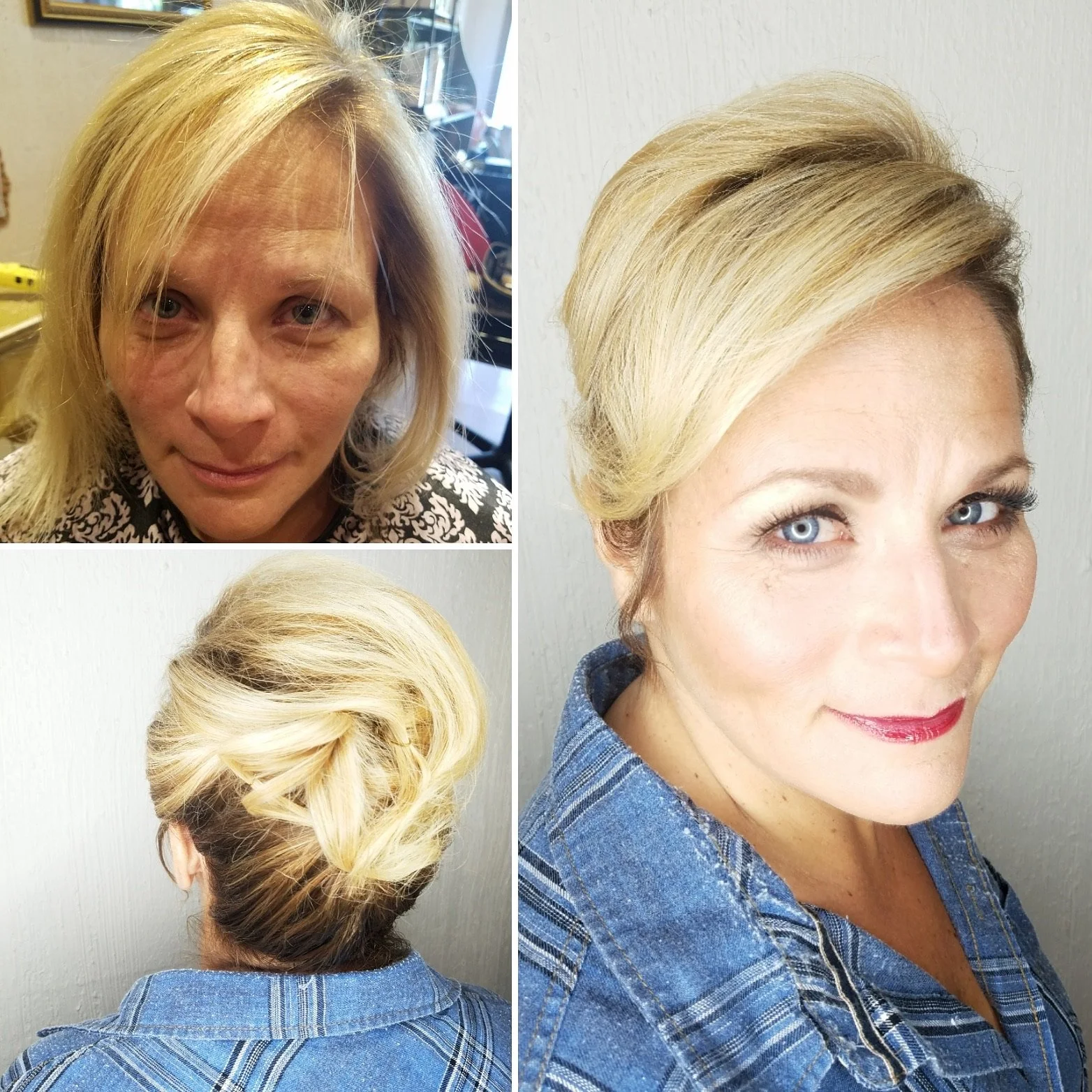 A woman with blonde hair styled in an elegant updo in the bottom left corner, showing the back of her head. The top left corner shows her before styling with shoulder-length, slightly tousled blonde hair. The right side of the collage shows her face after styling, with smooth, curled hair, bright blue eyes, makeup, and a denim shirt.