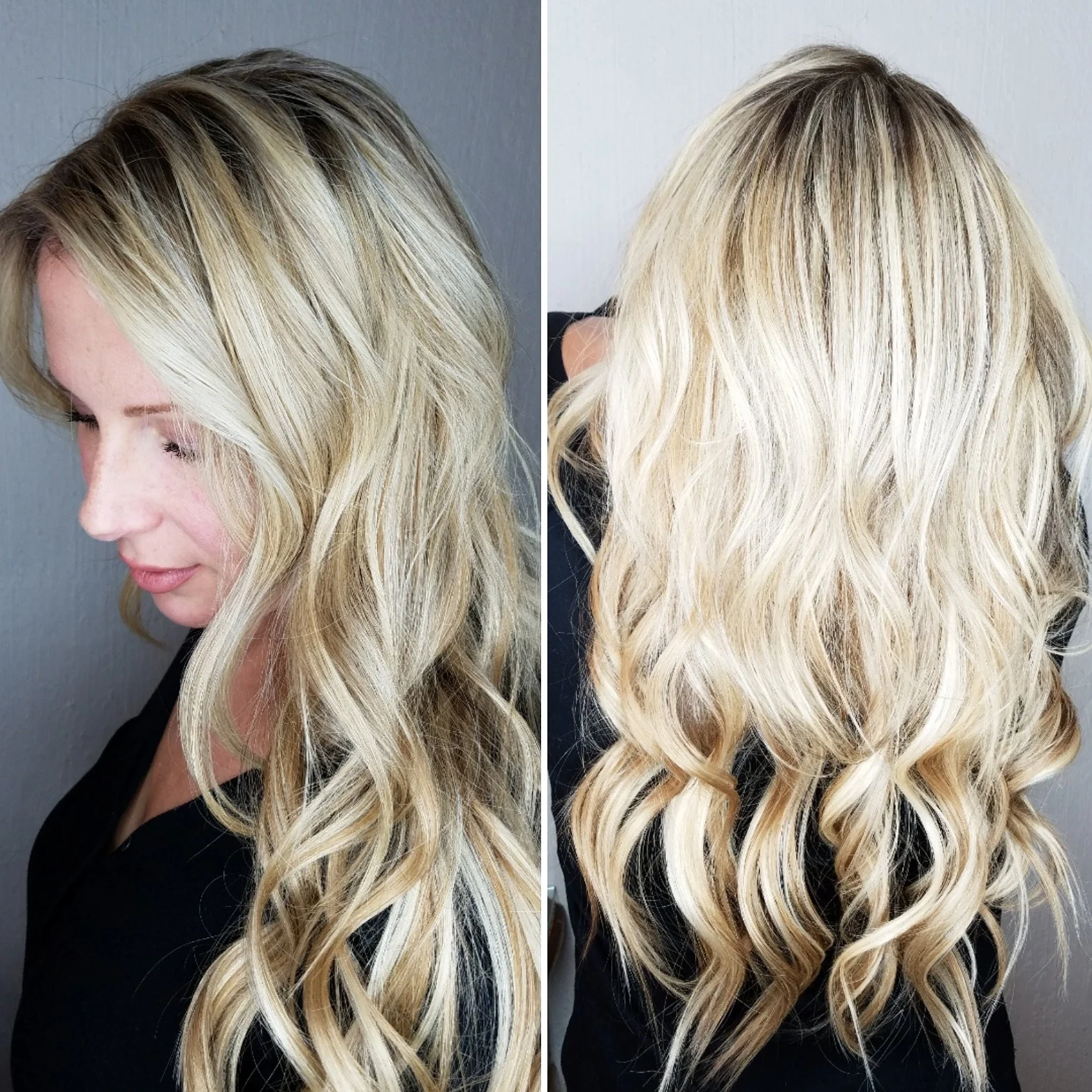 Side-by-side photos of a woman with long, blonde, curly hair before and after a hair coloring treatment. The left photo shows her hair with darker roots and blonde highlights. The right photo shows her hair with evenly blended blonde color, lighter and brighter overall.