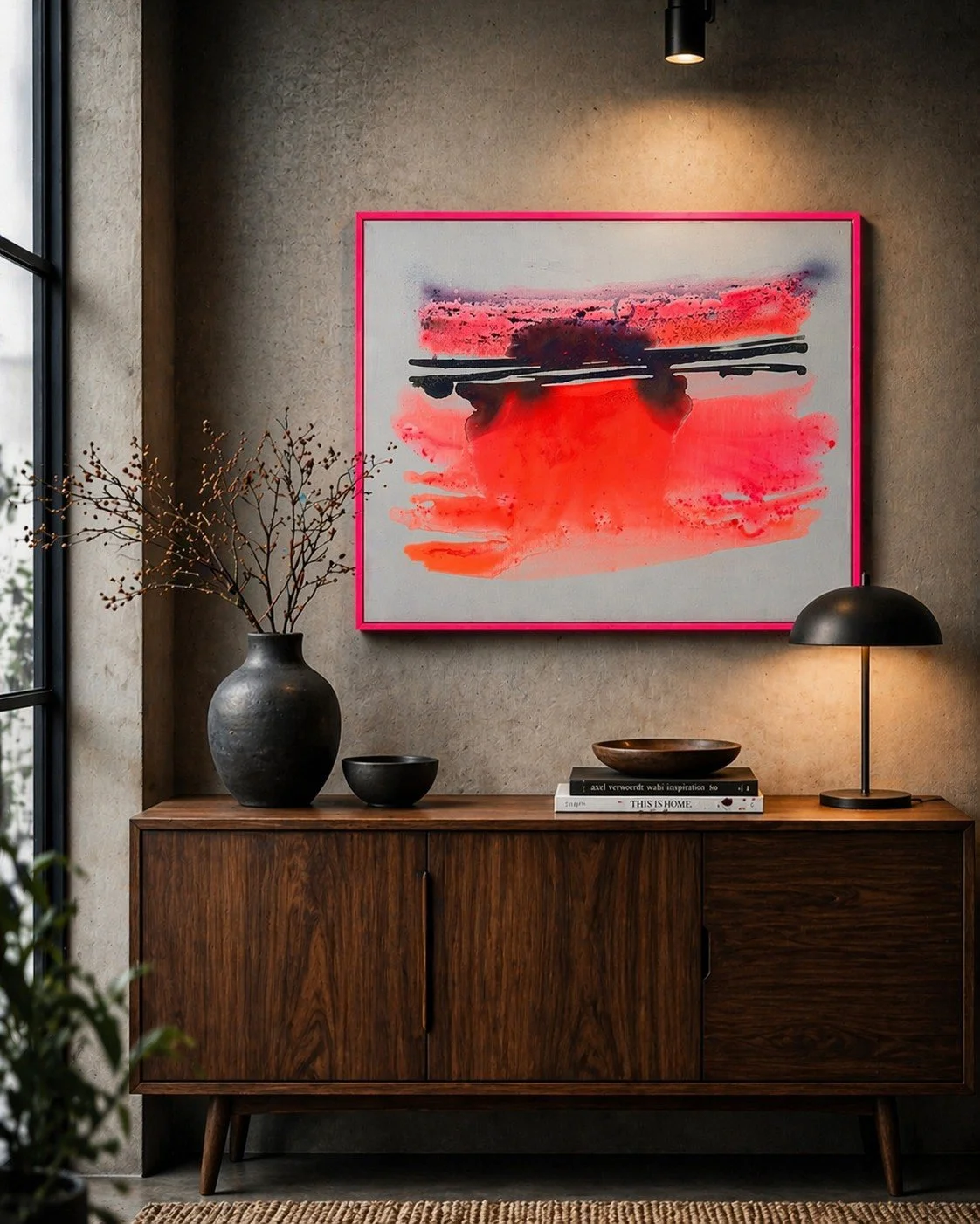 Ein modernes Wohnzimmer mit einem dunklen Holzsideboard, einer schwarzen Vase mit Zweigen, einem schwarzen Schüsselchen, einem Stapel Bücher, einer schwarzen Lampe, einer abstrakten Wandkunst in Rot- und Schwarztönen mit rosa Rahmen, und warmem Deckenlicht.