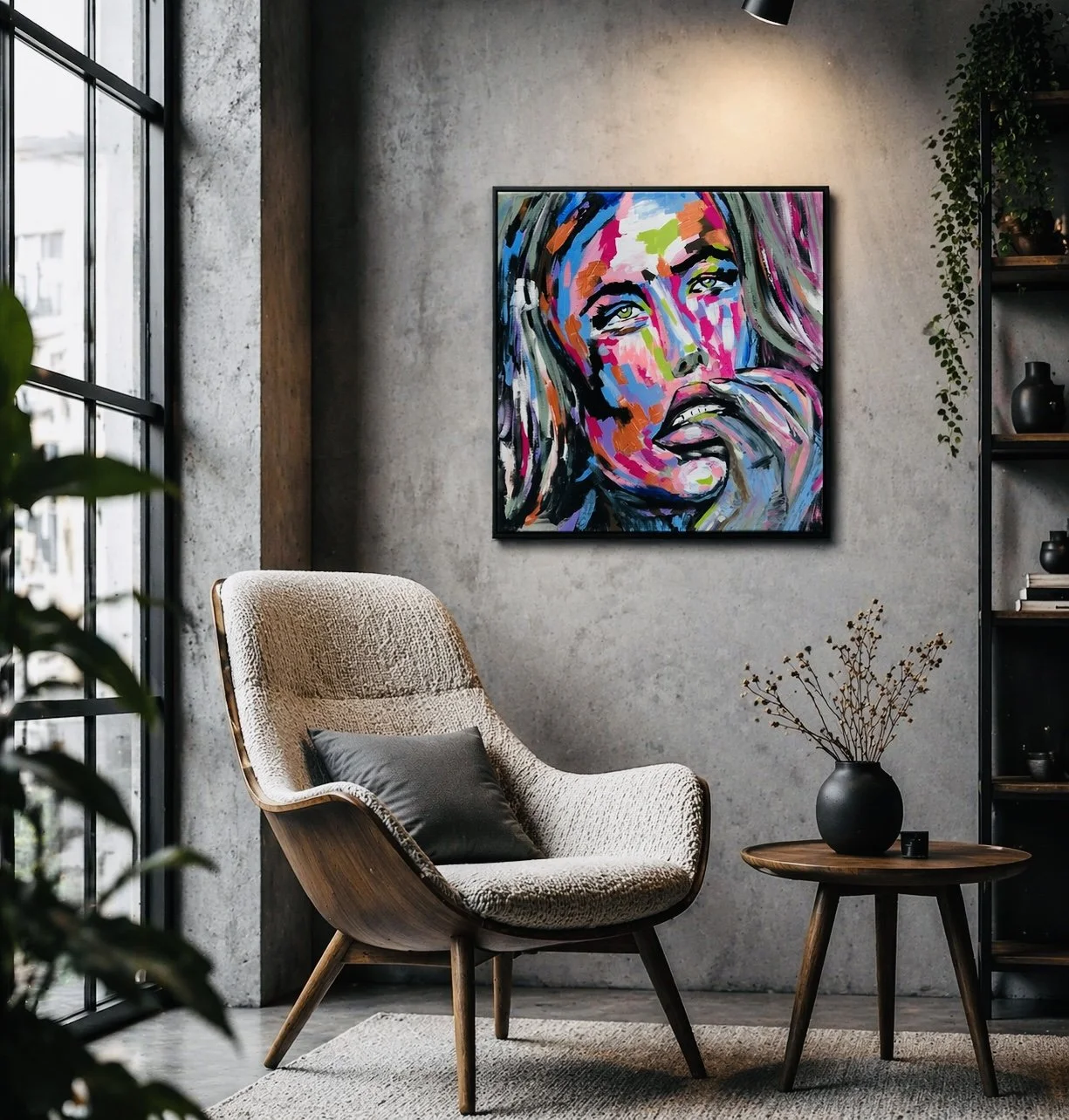 Modernes Wohnzimmer mit einem Sessel, einem kleinen Holztisch mit einer Vase und einer modernen Wandkunst an der grauen Wand.