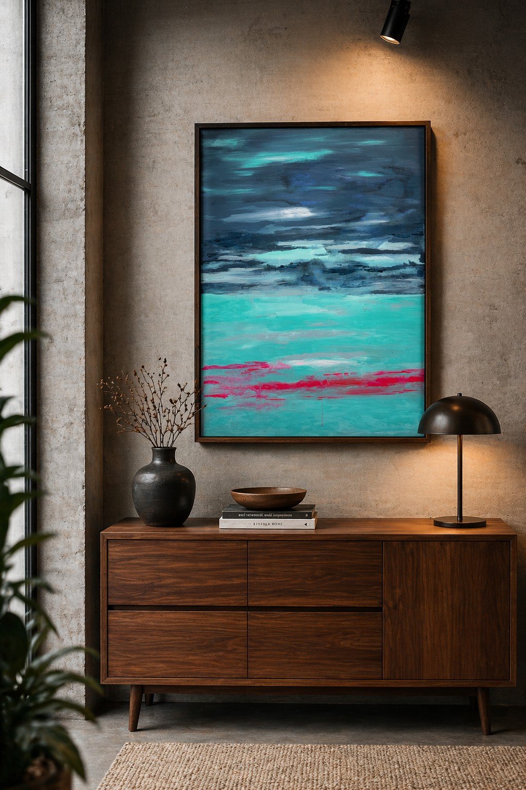 Ein Wandbild mit einer abstrakten Meereslandschaft in Blau, Türkis und Pink, hängt an einer grauen Wand. Darunter steht eine Holzkommode mit Schränken, auf der eine dunkelgraue Vase mit Zweigen, ein Buch sowie eine Schale stehen. Eine schwarze Tischlampe ist auf der rechten Seite der Kommode, und es gibt einen Teppich auf dem Boden.