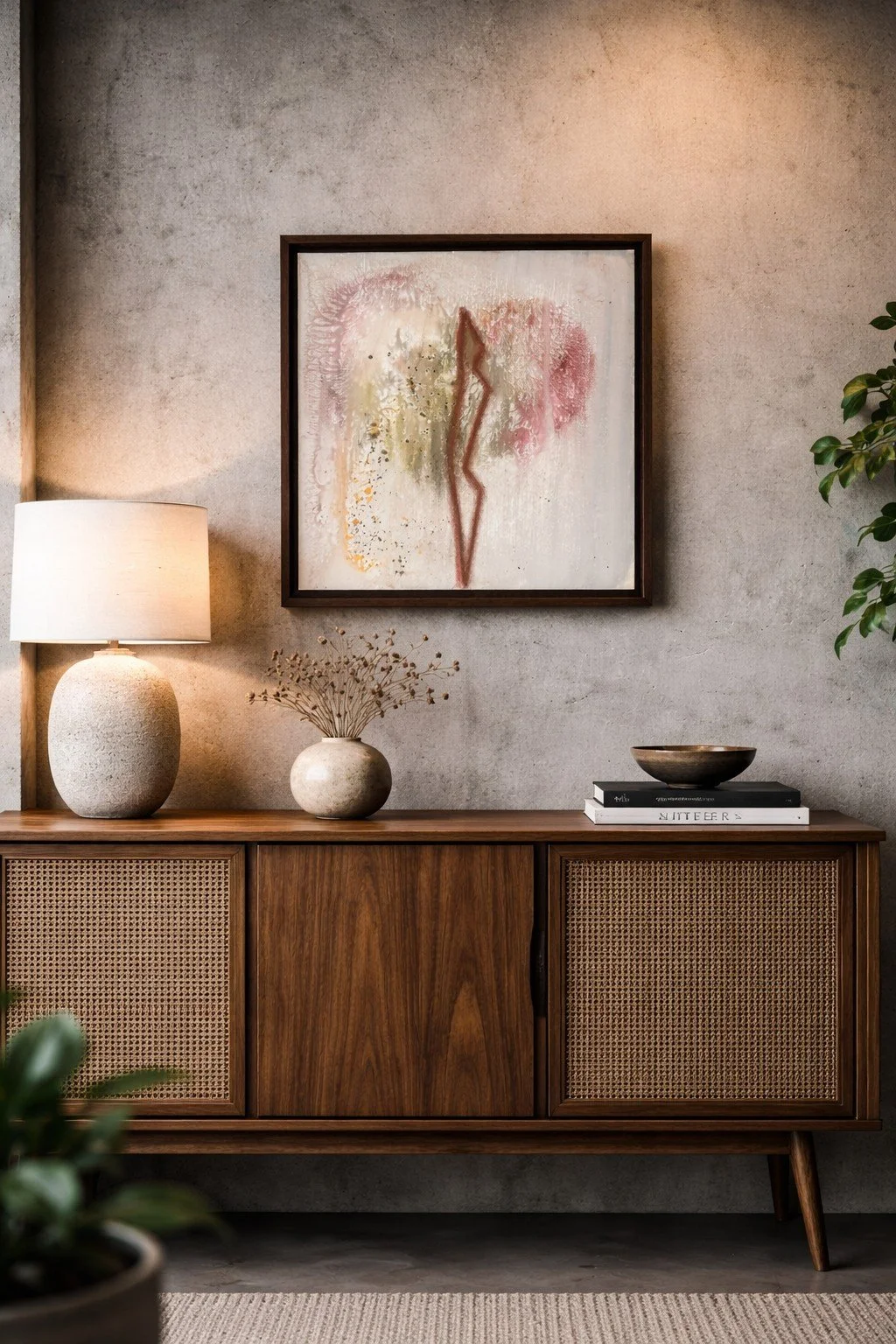 Ein Wohnzimmer mit einer Holzimundi, Vasen, einem Tischlampe, einem abstrakten Kunstwerk an der Wand und mehreren Pflanzen.