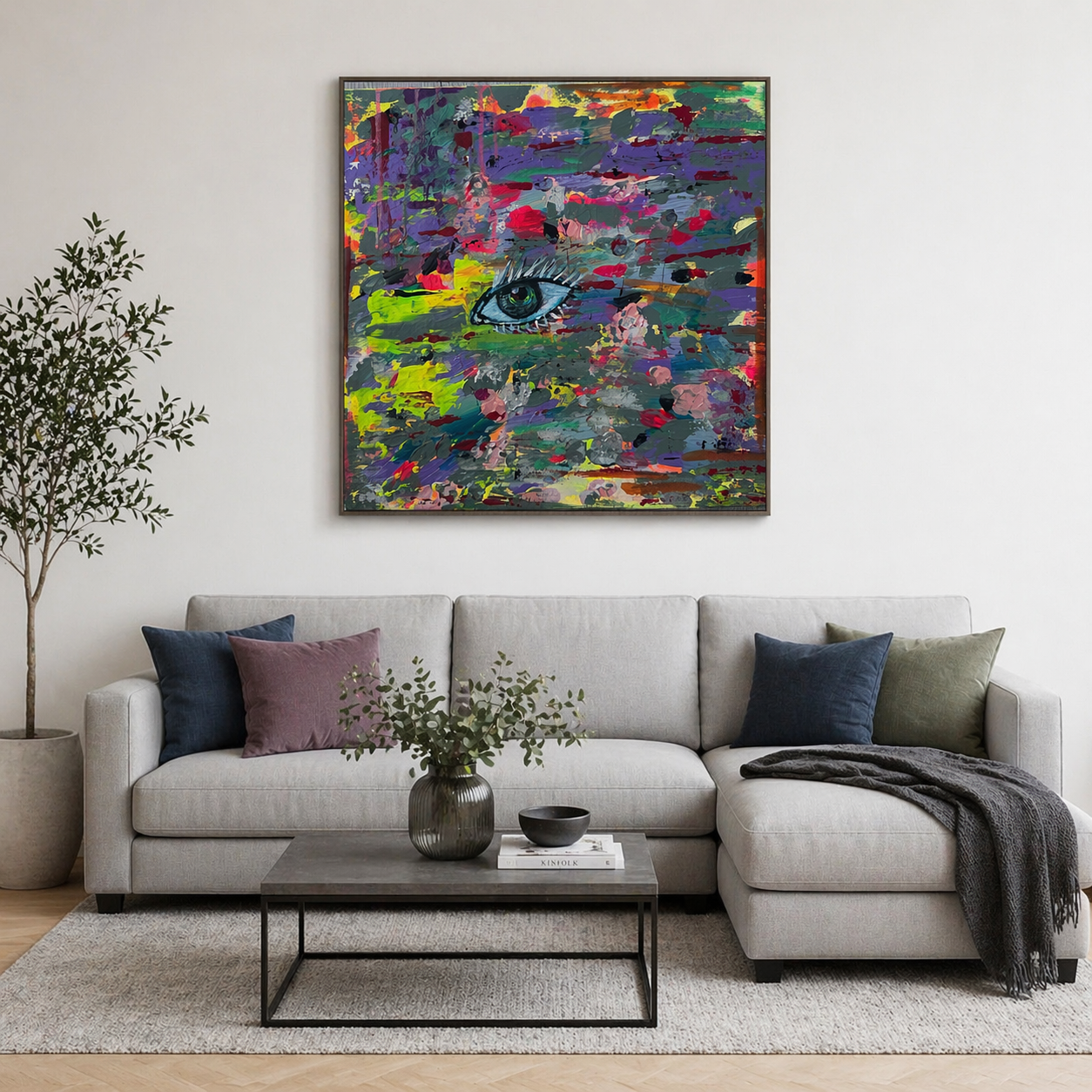 Modernes Wohnzimmer mit weißem Sofa, bunten Kissen, Couchtisch mit Pflanze, großer abstrakter Wandbild mit Auge und bunten Farben, grüne Topfpflanze
