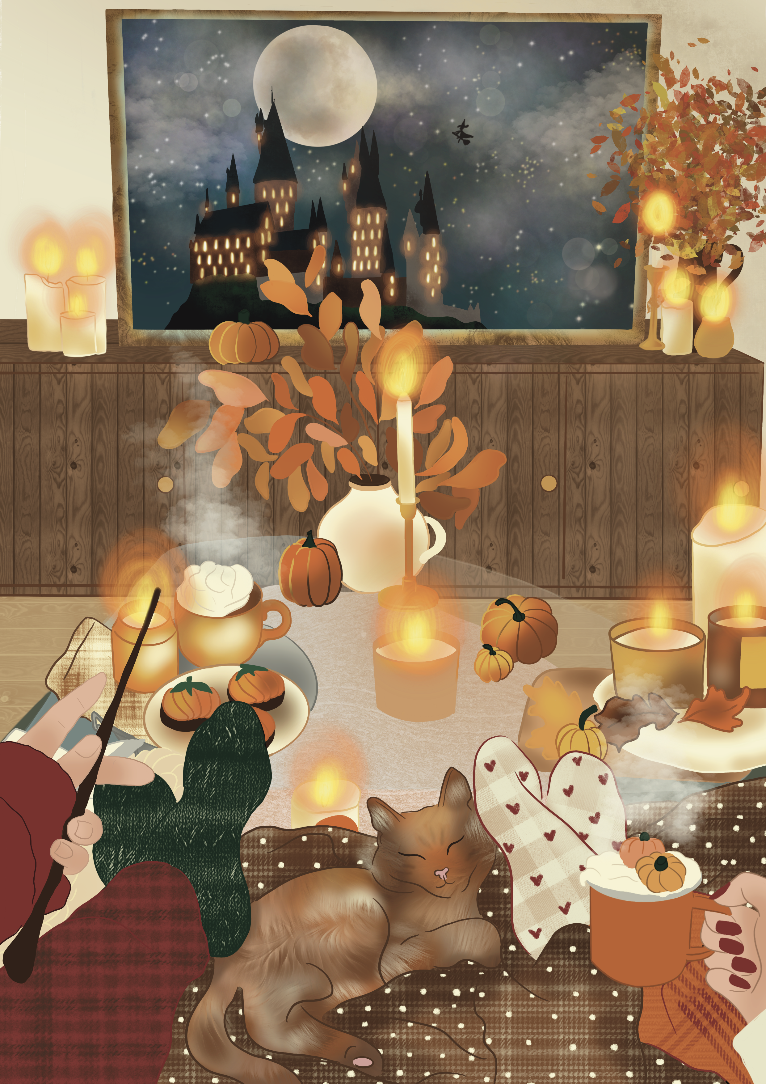 A cozy indoor scene with Halloween decorations, candles, pumpkins, and a castle visible outside the window under a full moon with stars. A person holds a plate of pumpkin-shaped cookies with a hot beverage nearby, a cat rests on the floor, and a person's feet in heart-patterned socks are visible, all illuminated by warm candlelight.