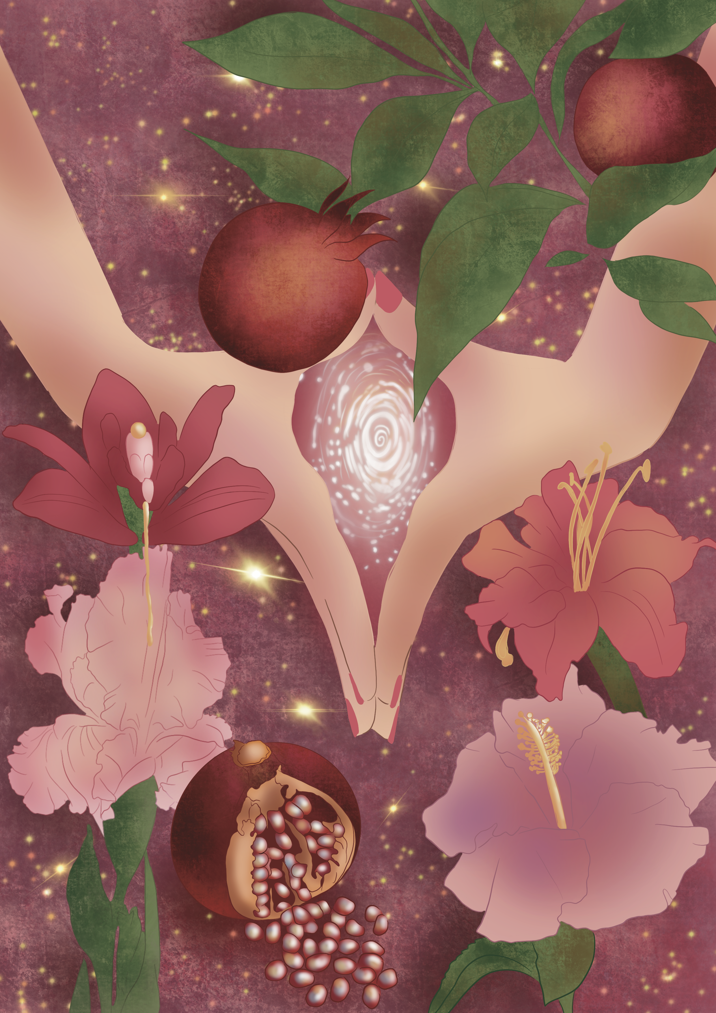 Illustration of a pomegranate with seeds, and pink and orange flowers, set against a starry, cosmic background with a swirl pattern.