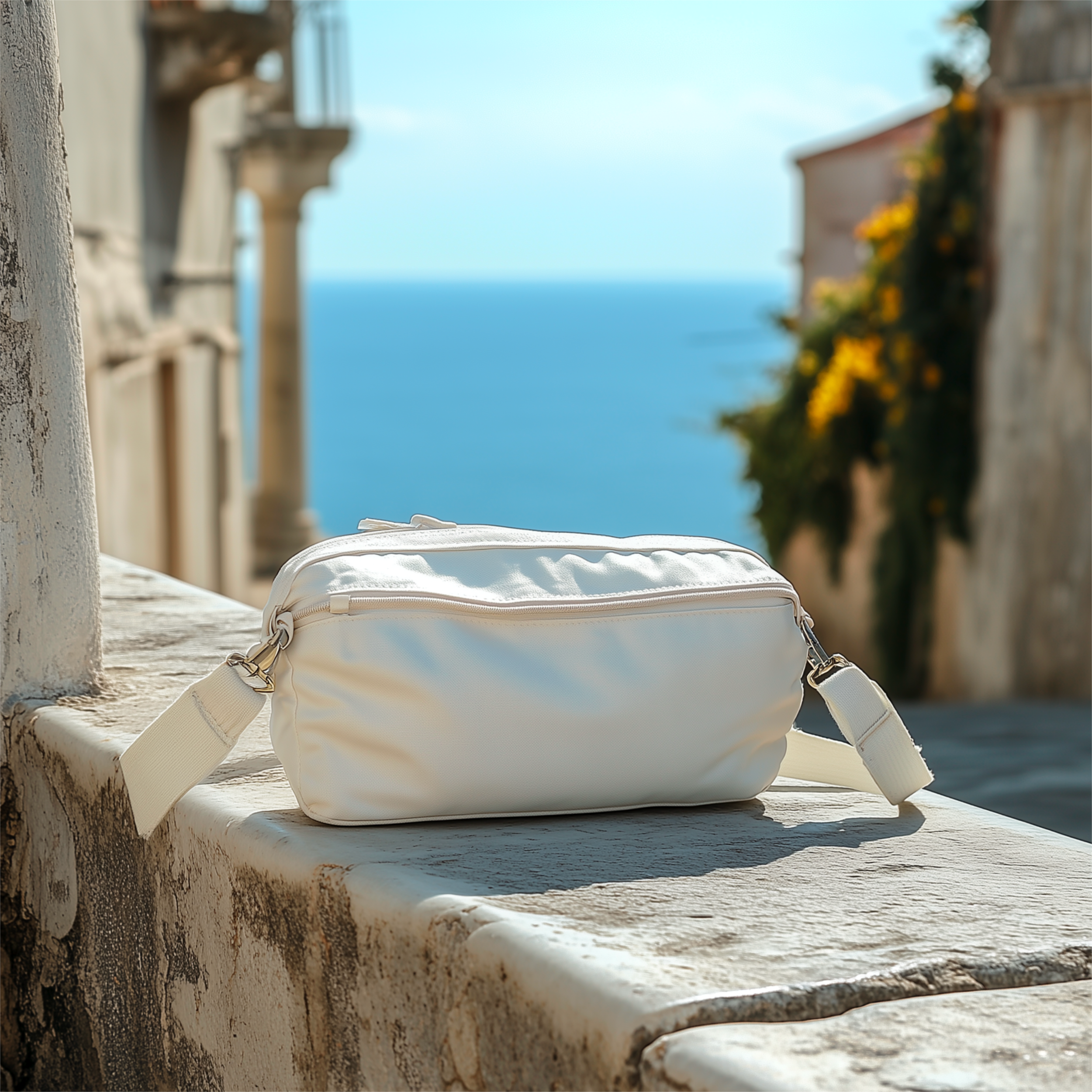 Close-up of a white bag on a stone ledge with a blurred background of a coastal scene, blue sky, and some greenery.