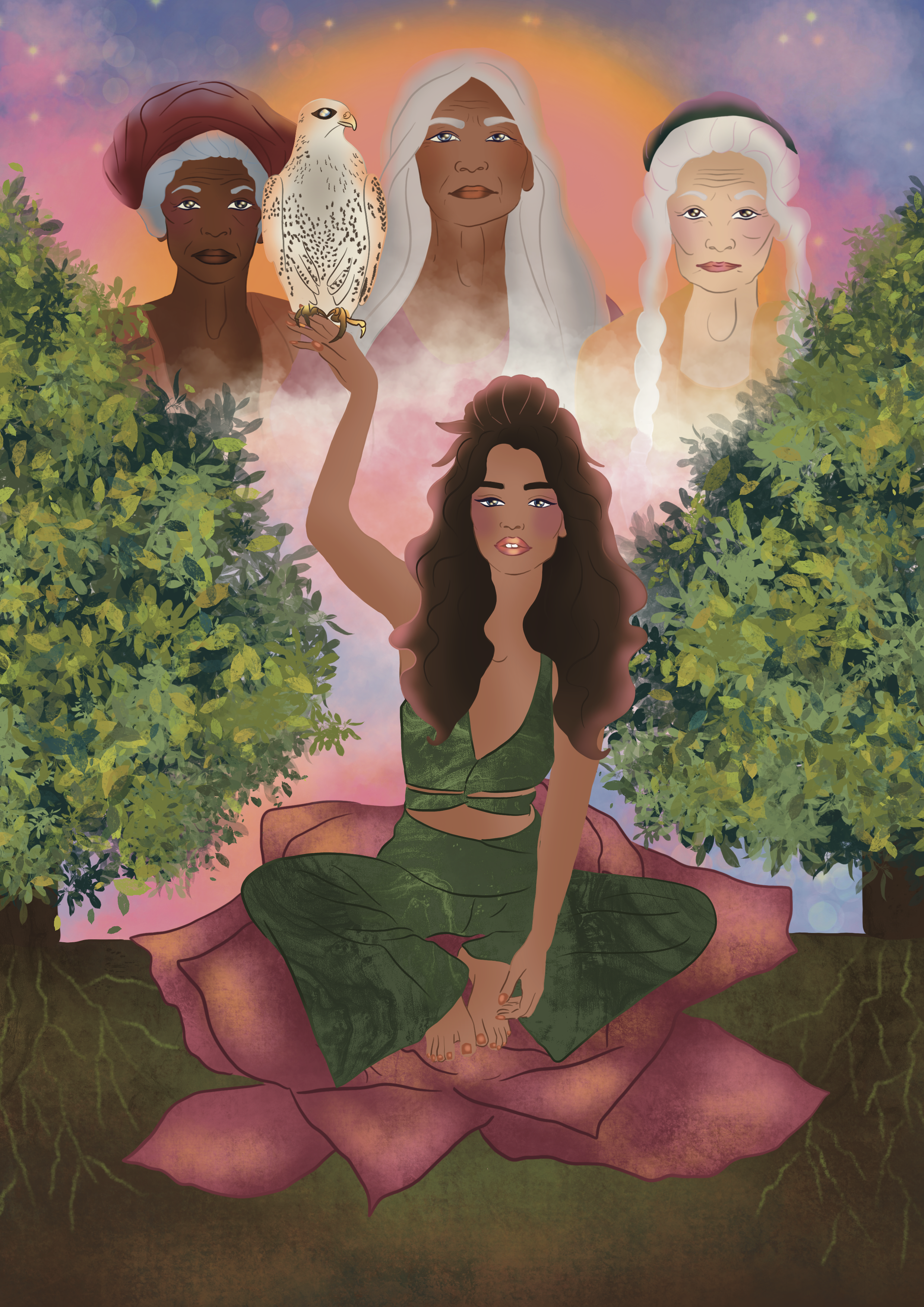 A woman with long curly hair, sitting cross-legged on a large pink flower, holding a leaf. She is surrounded by greenery, with a sunset or sunrise in the background and vivid, colorful sky.