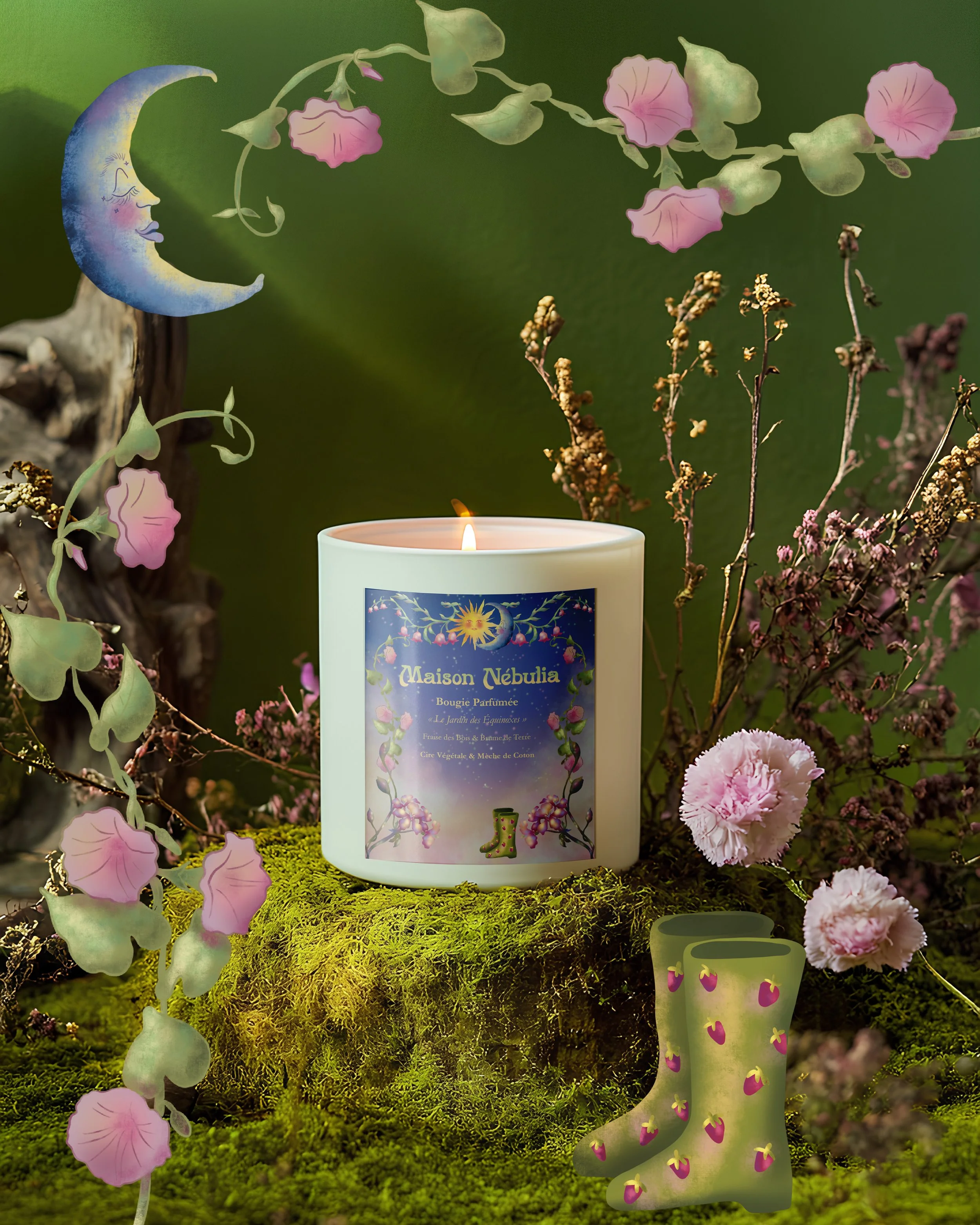 A white candle with black text at the center reads 'aroma.brand Milk & Honey.' The candle is surrounded by sprigs of dried flowers, moss, and small pebbles on a mossy green surface. The background is a soft, blurred green.