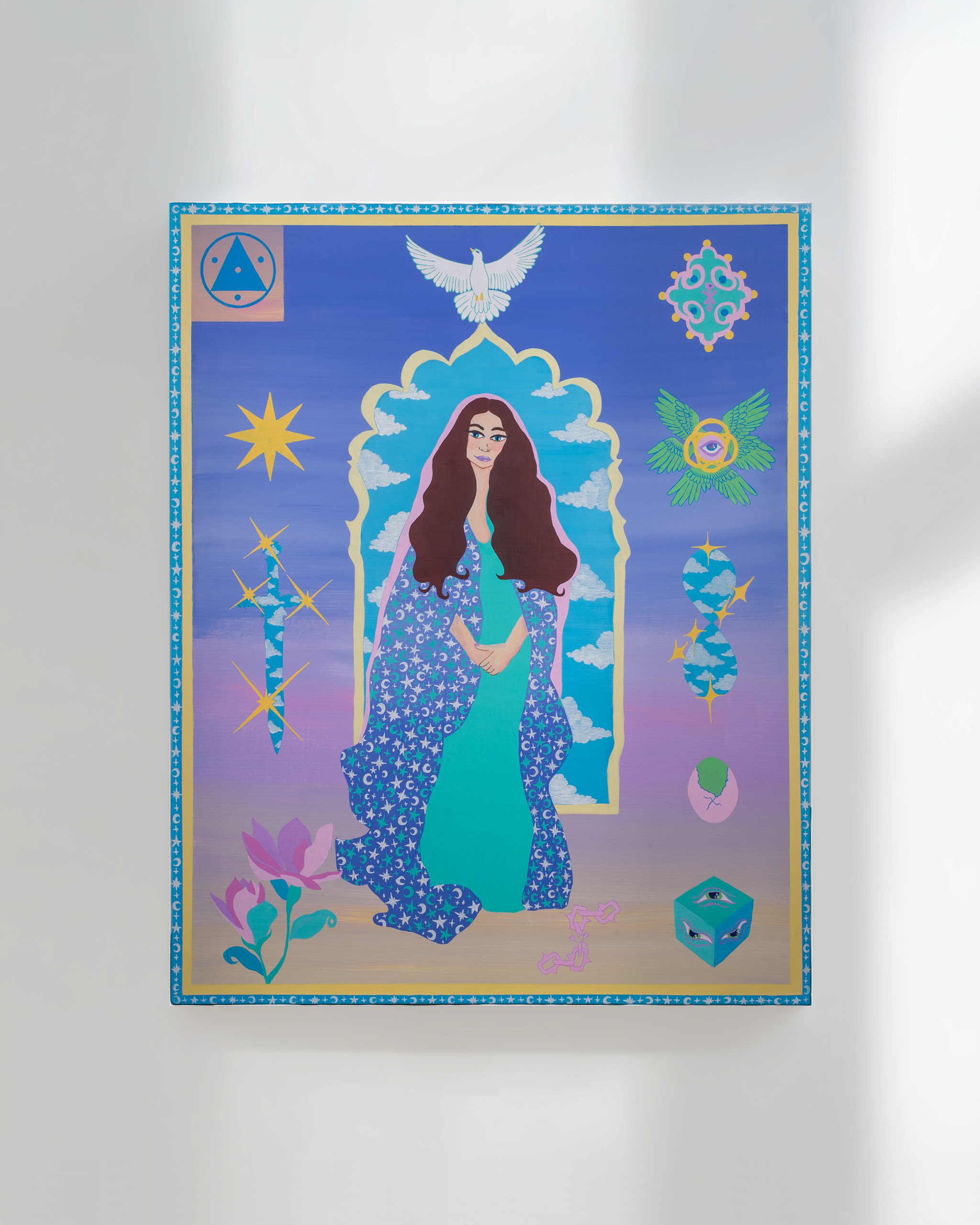 Colorful poster depicting a woman with long brown hair, surrounded by clouds, stars, and mystical symbols, with a white dove above her head, set against a blue background and a decorative border.