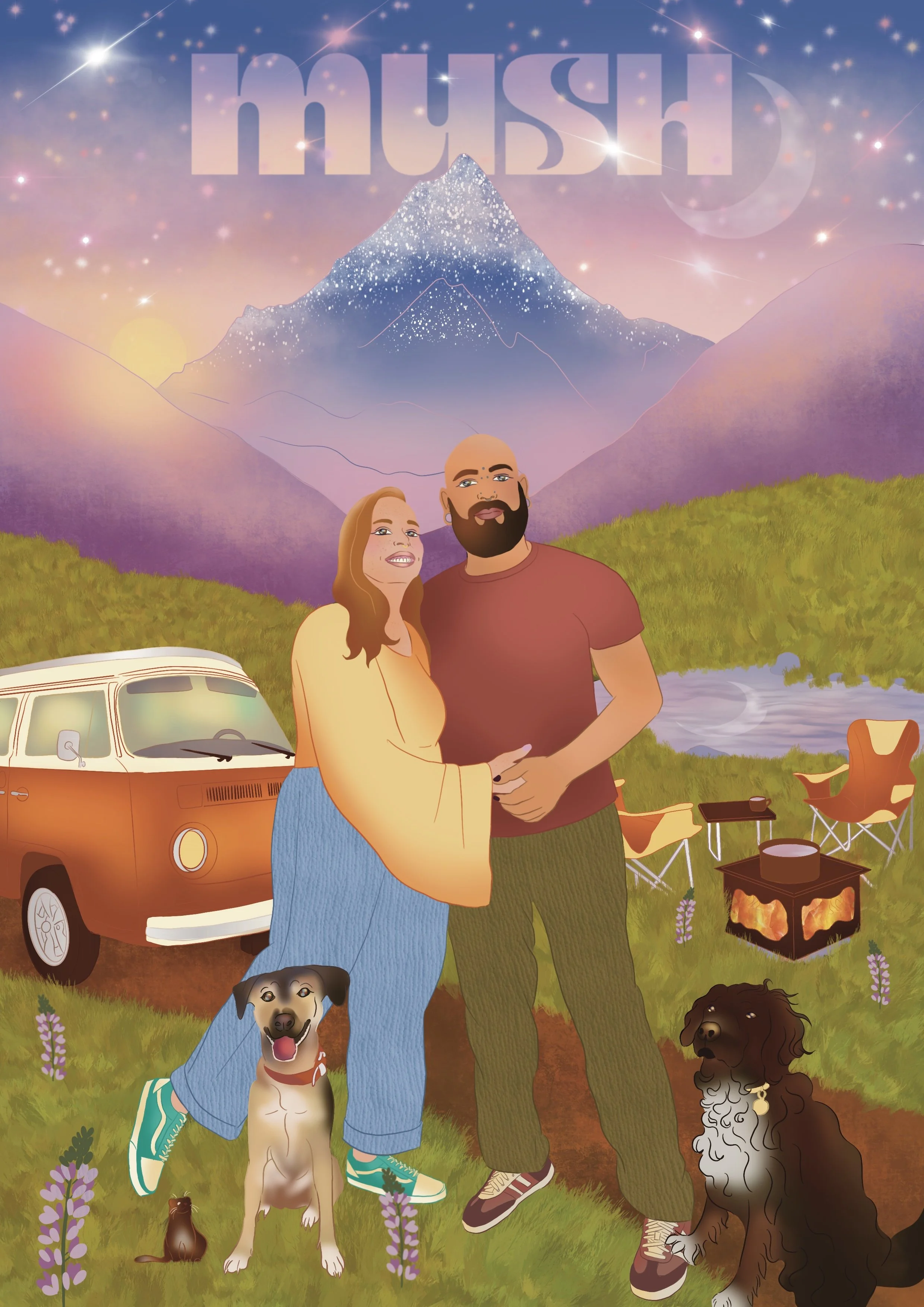 An illustration of a man and woman standing in a scenic outdoor setting with mountains, a lake, and a sunset in the background. The woman has long red hair and is wearing a yellow top and blue jeans, while the man has a bald head, beard, and is dress