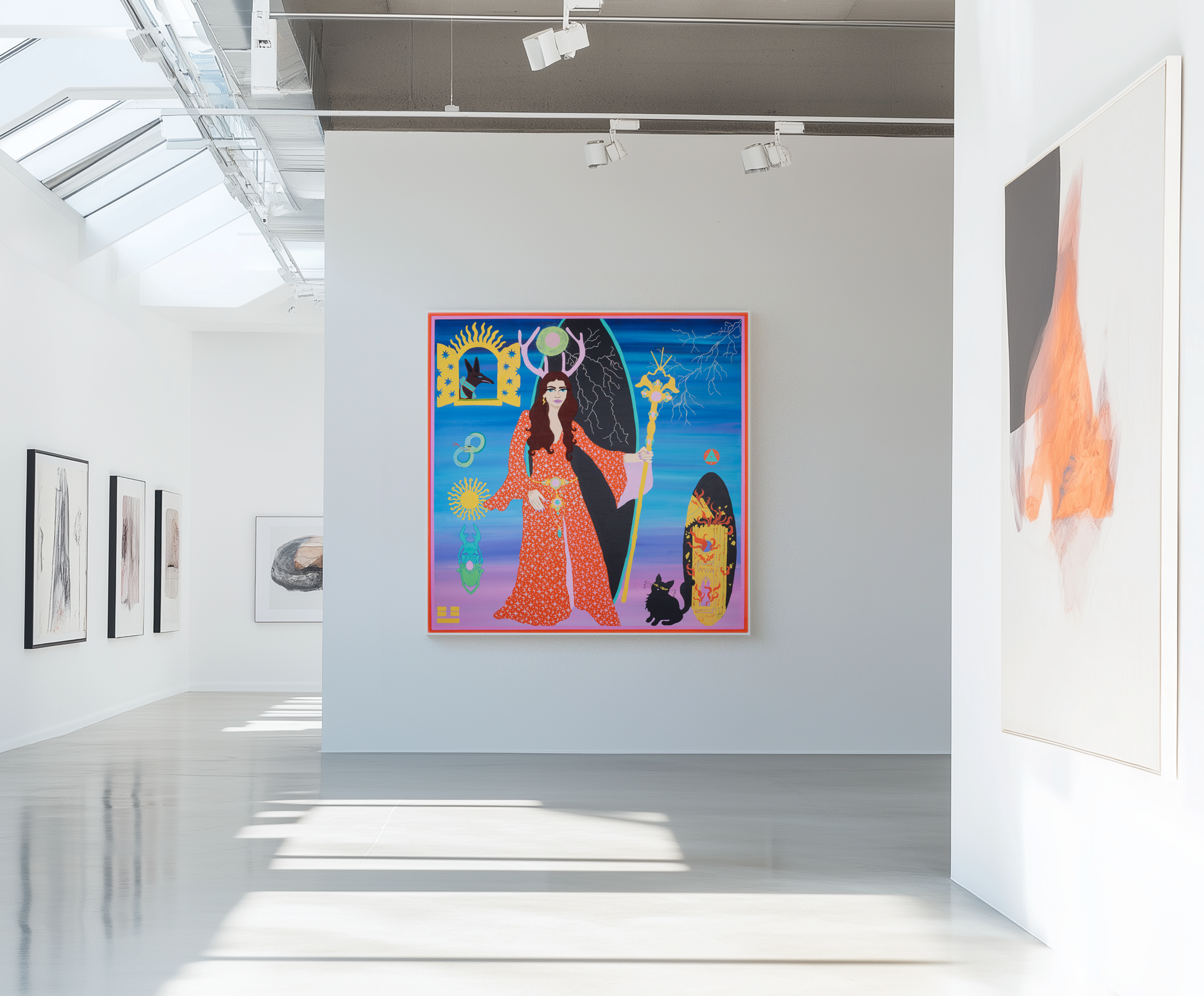 Interior of an art gallery with white walls and a high ceiling, displaying colorful artwork. The central piece is a large, vibrant painting featuring a woman holding a staff, surrounded by symbolic and surreal elements, with a blue background.