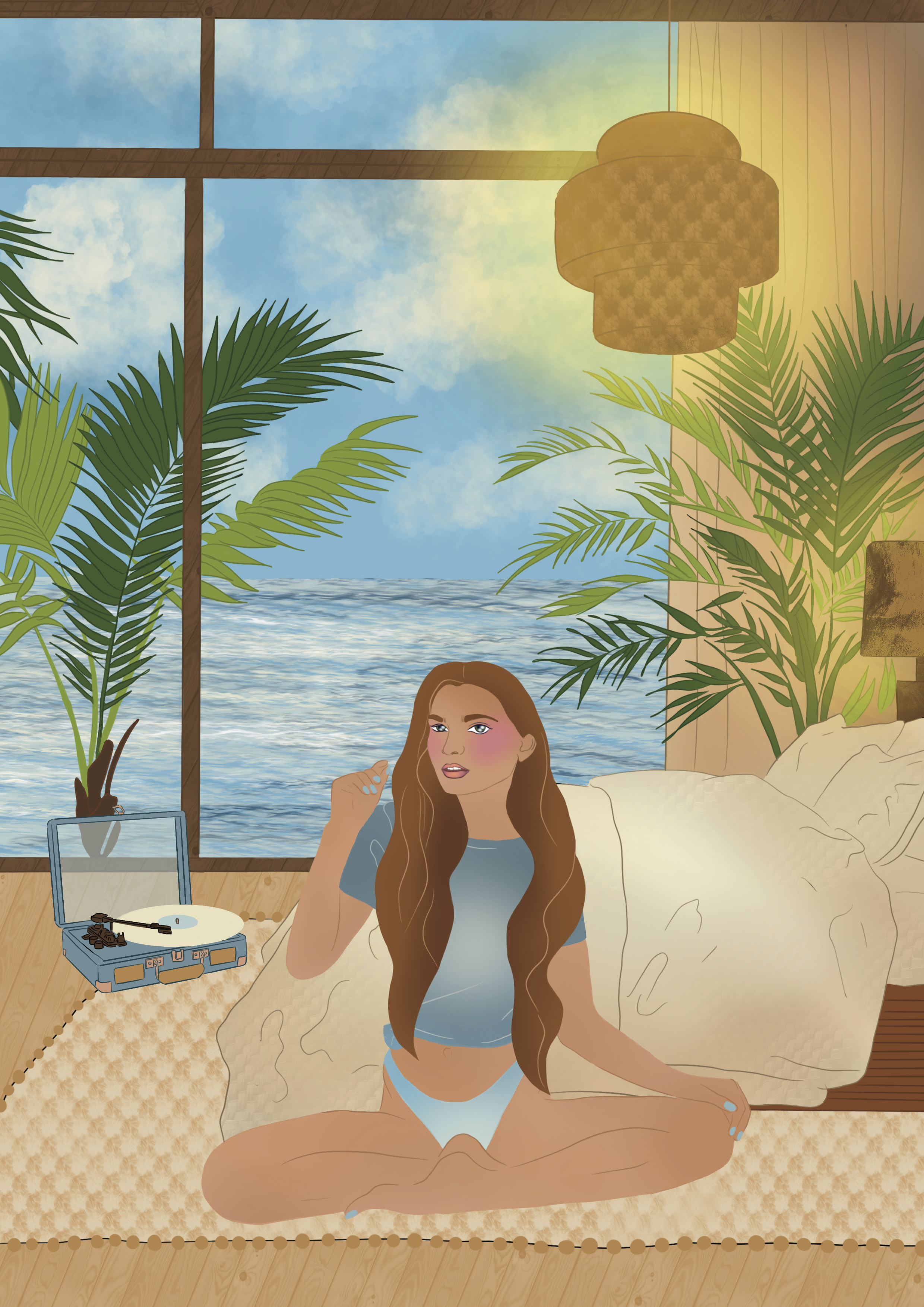 A woman with long brown hair sitting cross-legged on a bed, wearing a blue crop top and matching underwear, in a room with large windows showing a view of the ocean and sky. The room has green plants, a lamp, and a record player on the floor.