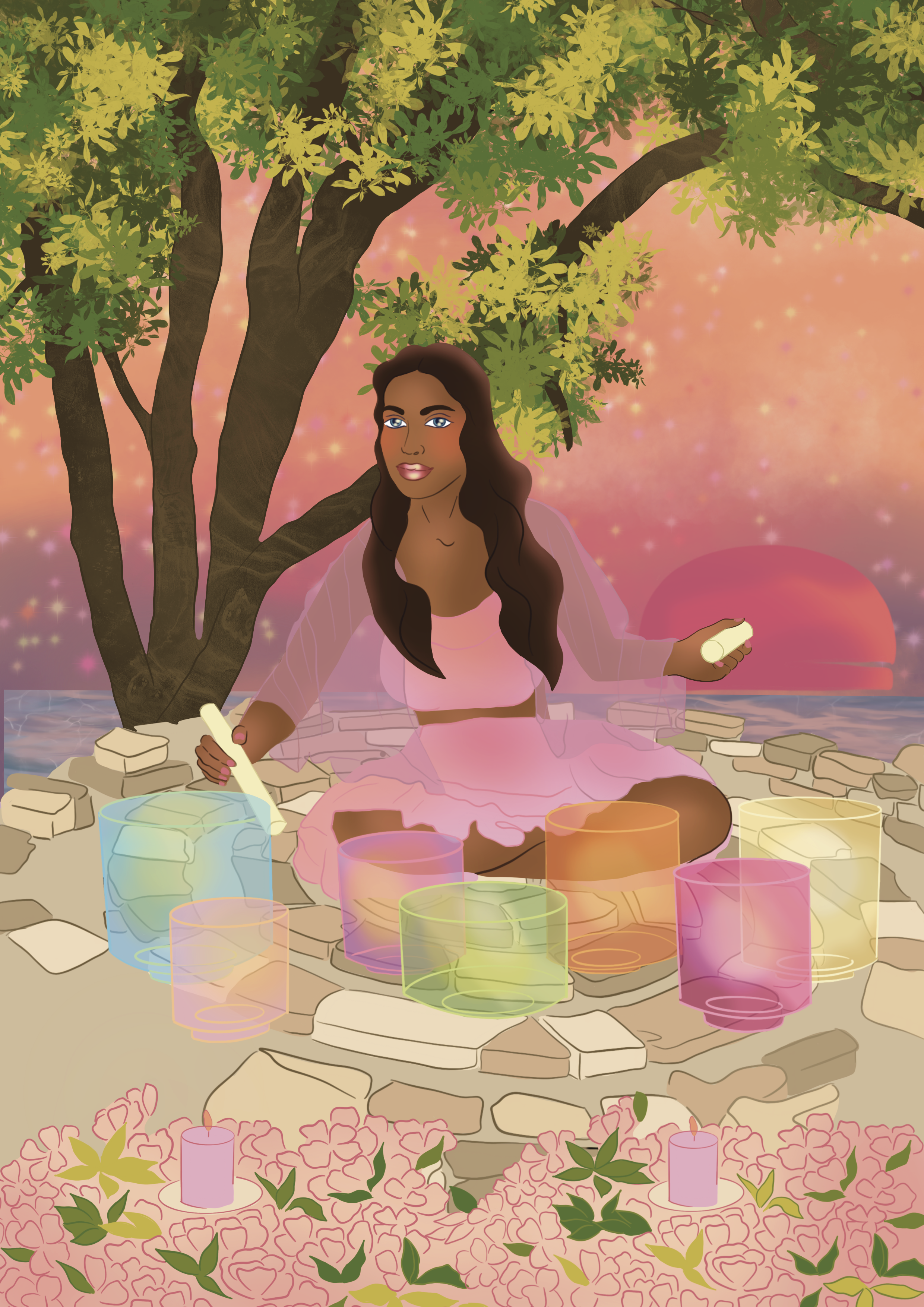 A stylized digital illustration of a woman sitting outdoors near a tree, surrounded by colorful candles and flowers at sunset or dusk, with a pink and orange sky and pink flowers in the foreground.