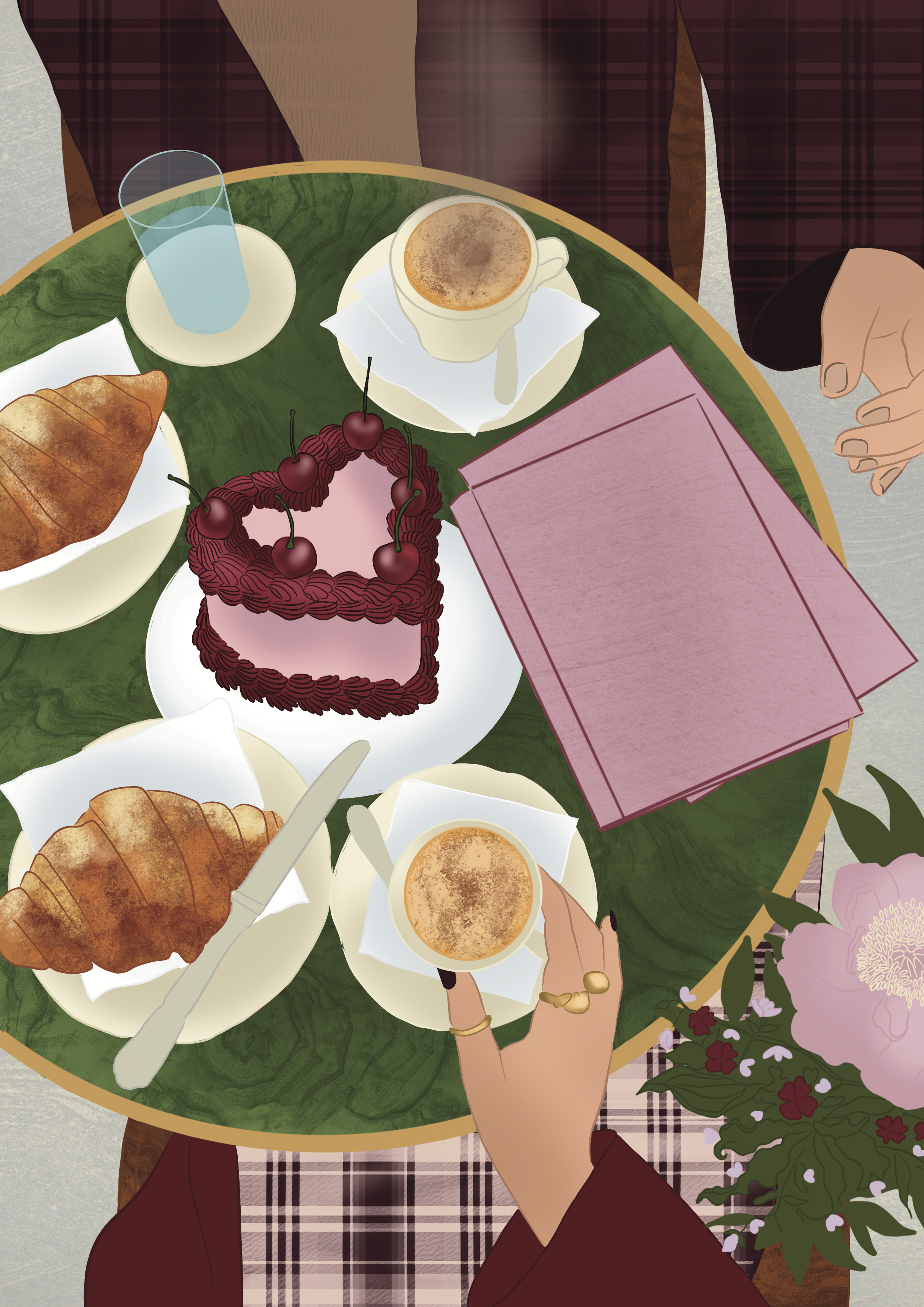 Top-down view of a woman holding a white coffee cup with saucer, on a green round table with bakery items including croissants and a cherry-topped cake, pink napkins, a glass of water, and a bouquet of flowers in the background.