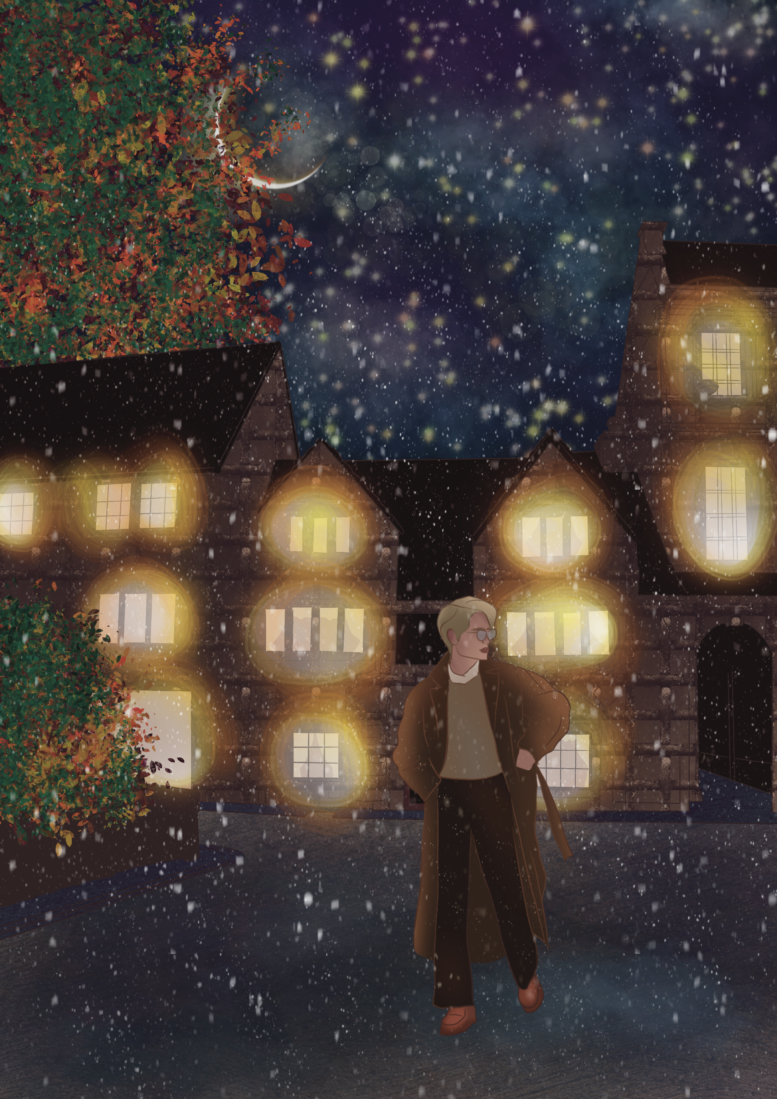 A person wearing a long dark coat, light sweater, and glasses, standing in a snowy night scene with blurred glowing lights from a building, snow falling, stars in the sky, a crescent moon, and a large tree with autumn-colored leaves.