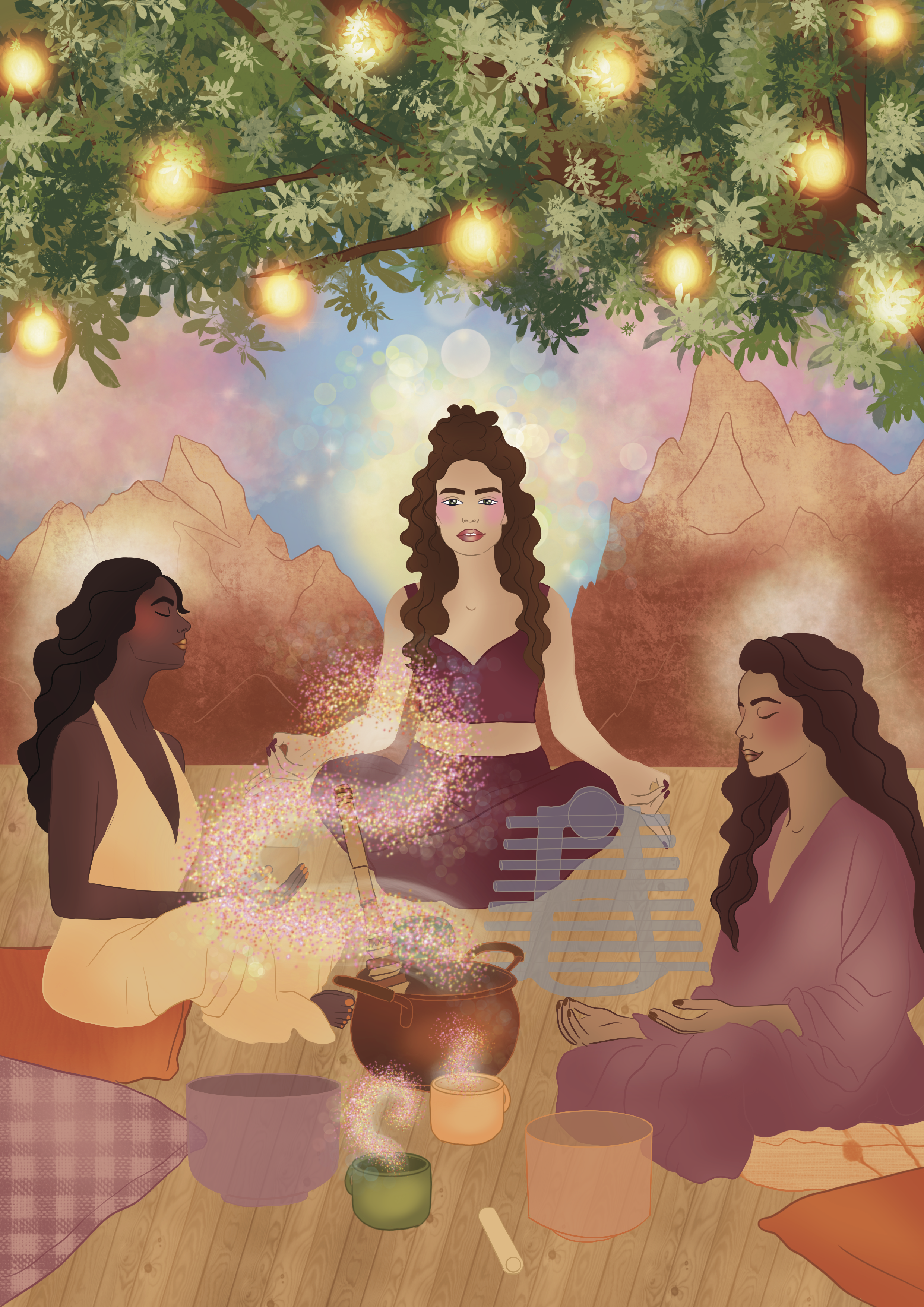 A group of four women with dark curly hair and medium skin tones gathering outdoors, sitting cross-legged on a wooden floor, under a tree decorated with glowing lights. They are surrounded by musical instruments, candles, and a pot of a sparkling magical substance, engaging in a mystical or spiritual ritual with closed or focused eyes.