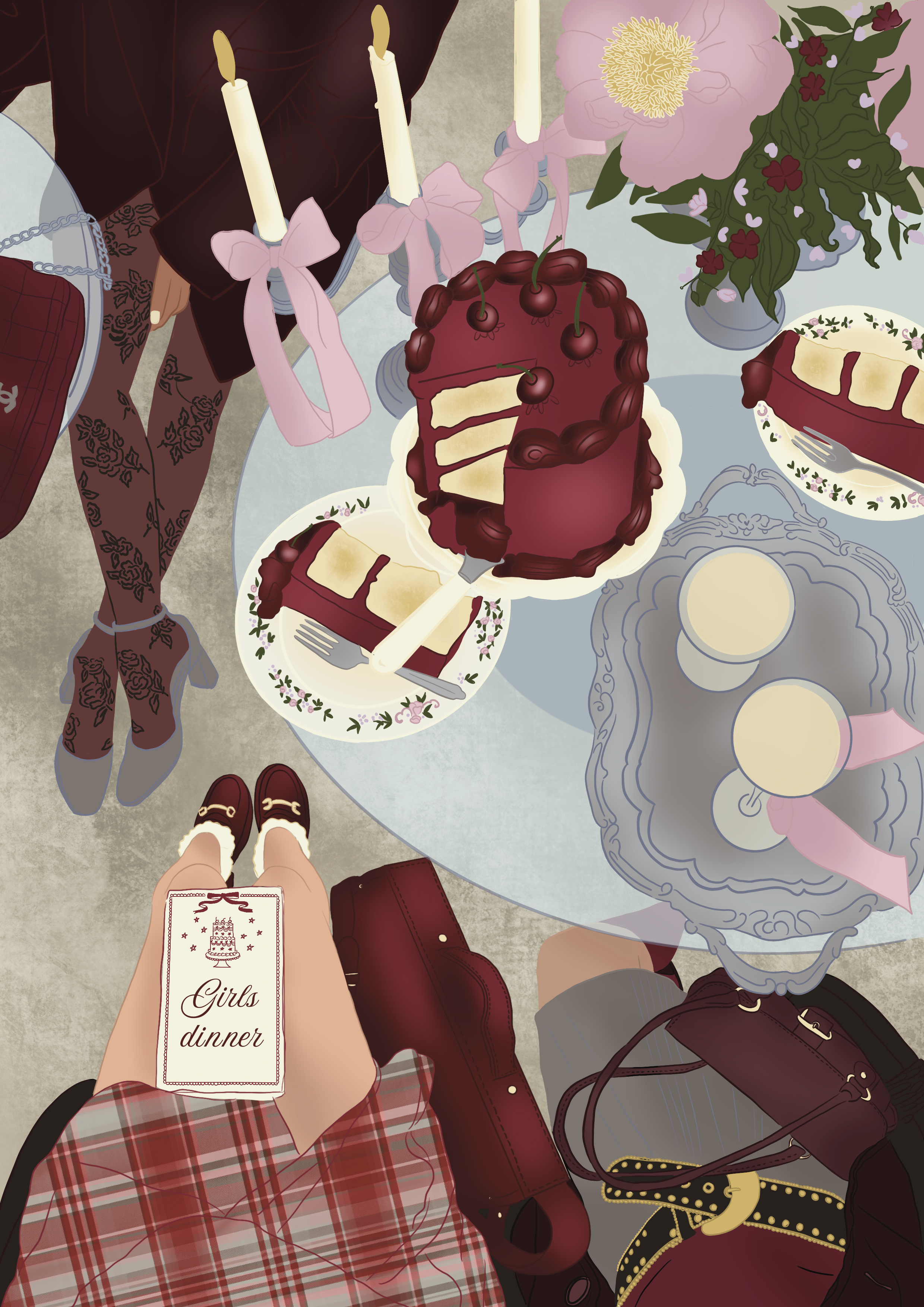 Top view of a girls' dinner party table with a woman in a plaid dress holding a 'Girls dinner' tag, a red purse, and a pair of black shoes with gold details in the foreground. The table has a red cherry cake with slices cut out, layered pink and purple flowers, two pink candles with bows, and two cream-colored drinks. The scene includes various girls' legs and accessories, with a grayish surface underneath.