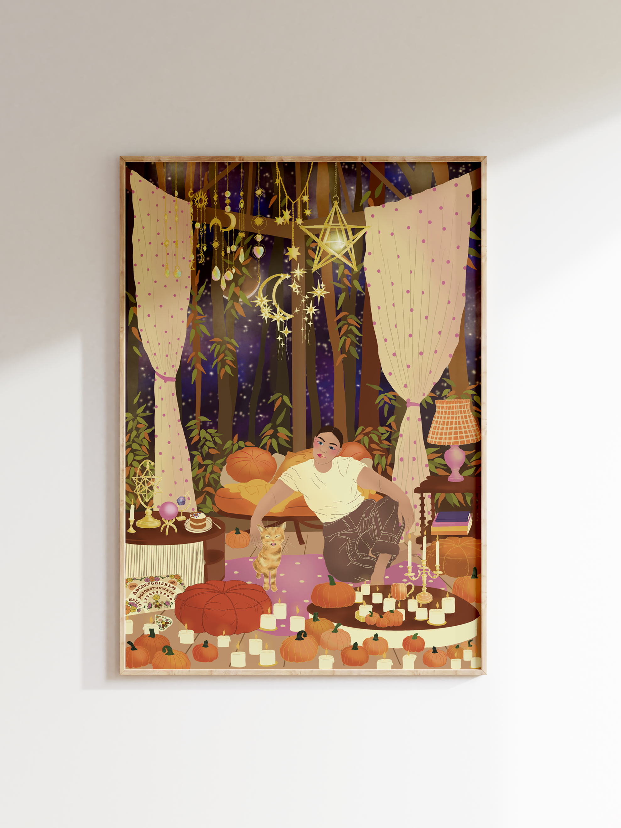 An autumn-themed Halloween illustration featuring a person sitting among pumpkins, white candles, and decorations, with a backdrop of trees, hanging stars, moons, and curtains.