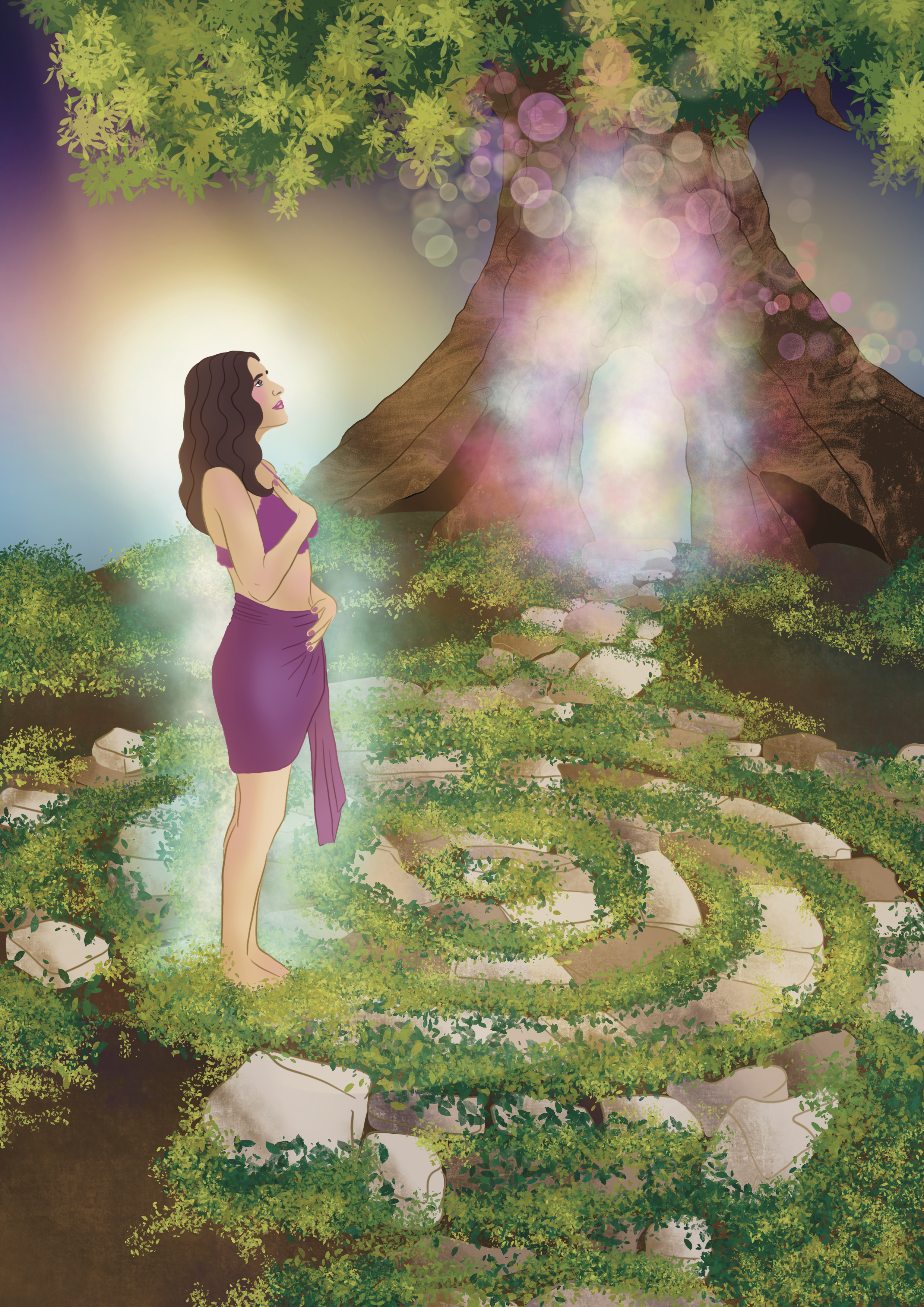 A woman with dark hair and a purple wrap dress standing in front of a large, ancient tree with glowing, mystical orbs and a waterfall flowing from the tree. The scene is serene and magical.