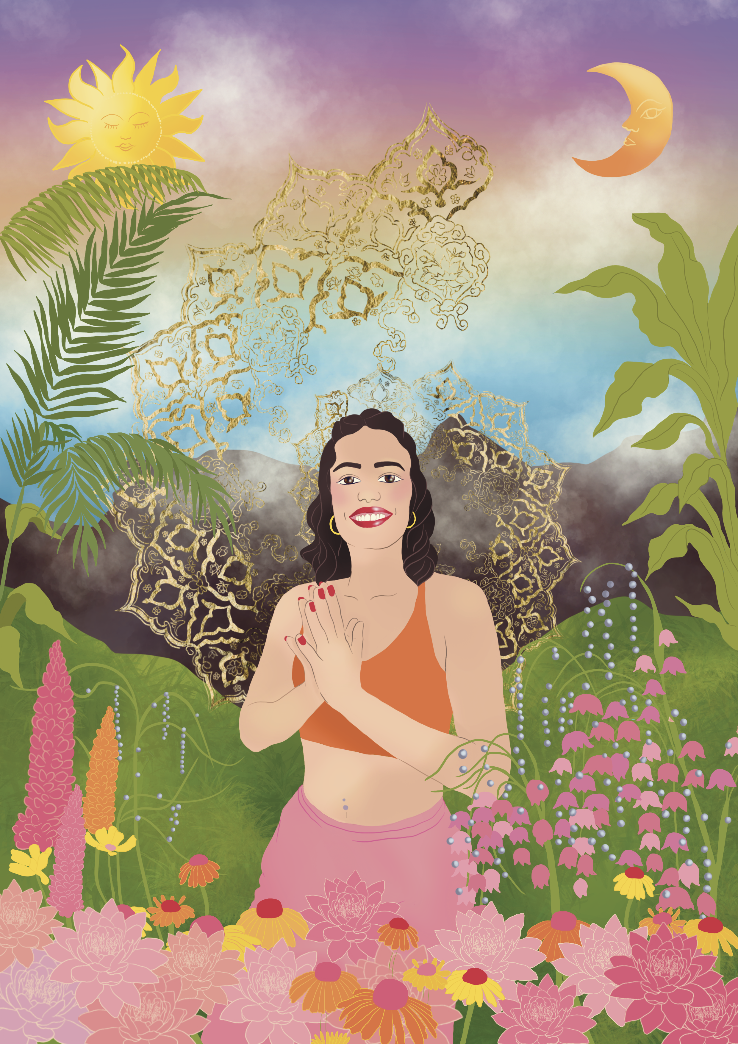 A woman smiling and dressed in an orange top and pink skirt, standing amidst a colorful garden of various flowers, plants, and greenery. She has her hands in a prayer position and is smiling with long dark hair. The background features a sky with a y