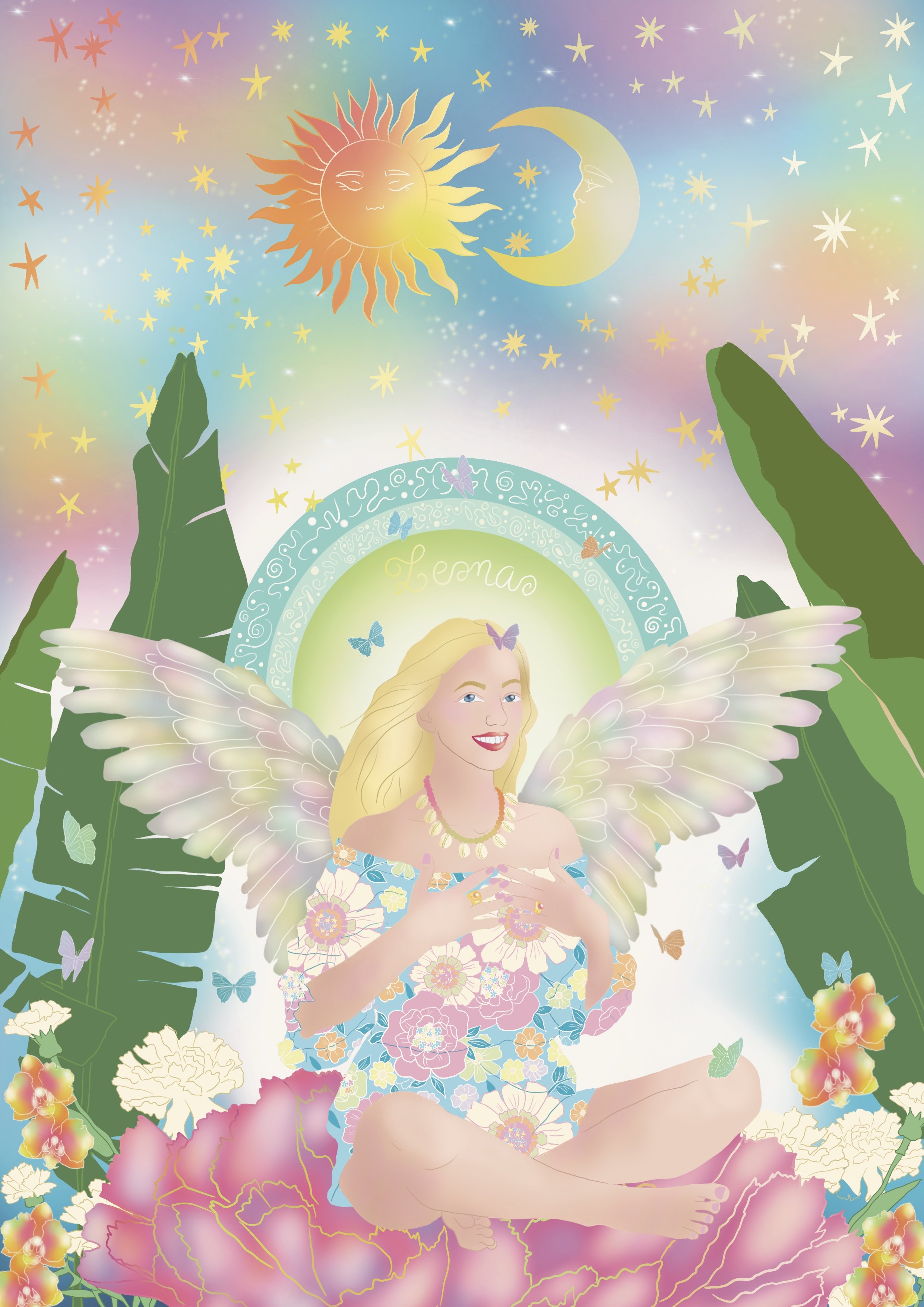 A fantasy illustration featuring a woman with fairy wings sitting cross-legged among large pink and white flowers. She is smiling, wearing a colorful floral dress, and a necklace with butterflies. Above her, there is a background of sky with multicol