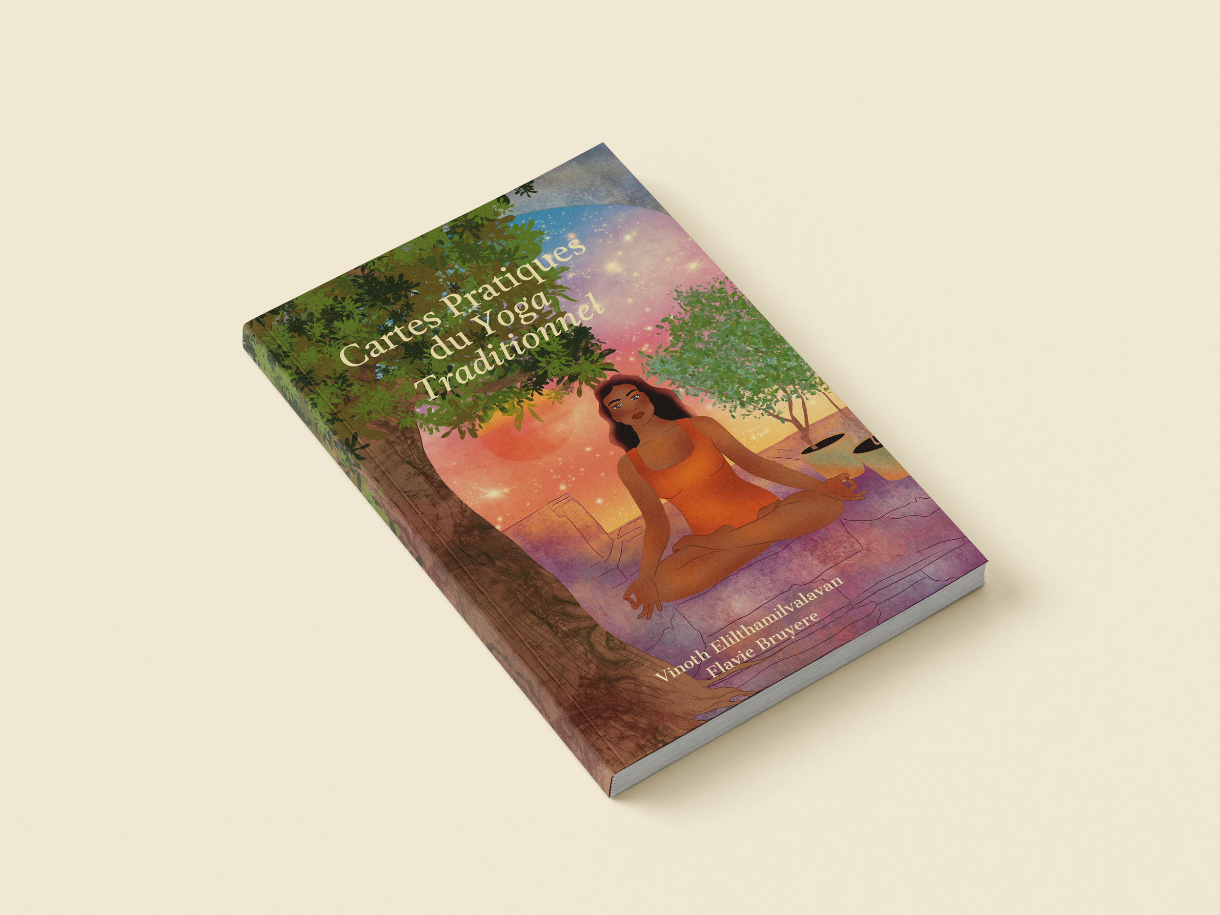 A paperback book titled 'Cartes Pratiques du Yoga Traditionnel' with an illustration of a woman meditating outdoors, surrounded by trees, under a colorful sky.