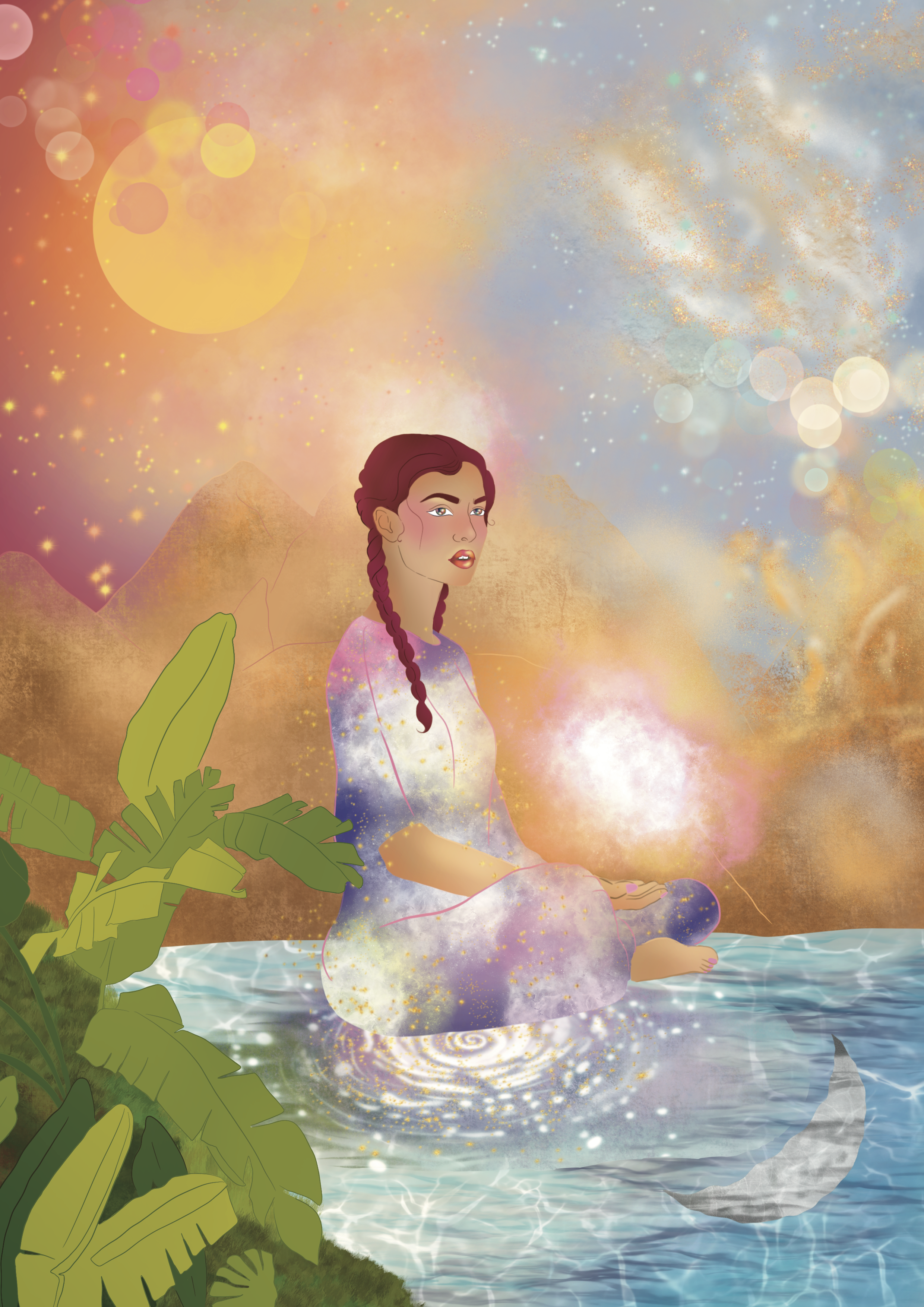 Digital illustration of a woman with long braided hair sitting on rocks by water, surrounded by vibrant, colorful cosmic and nature elements, including mountains, large green leaves, and a sky filled with glowing orbs and sparkles.