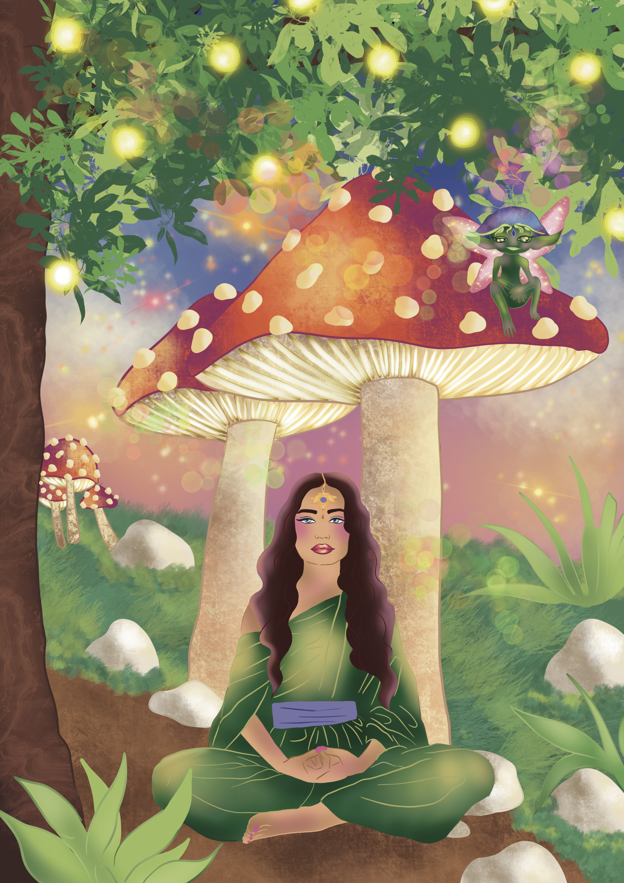 A fairy-like creature with large pink wings sitting on a giant red and white mushroom in a magical forest. The creature has blue skin, pointed ears, and long pink hair, with a peaceful expression. Surrounding her are glowing fireflies, lush green plants, smaller mushrooms, and fluffy stones, creating an enchanting atmosphere.