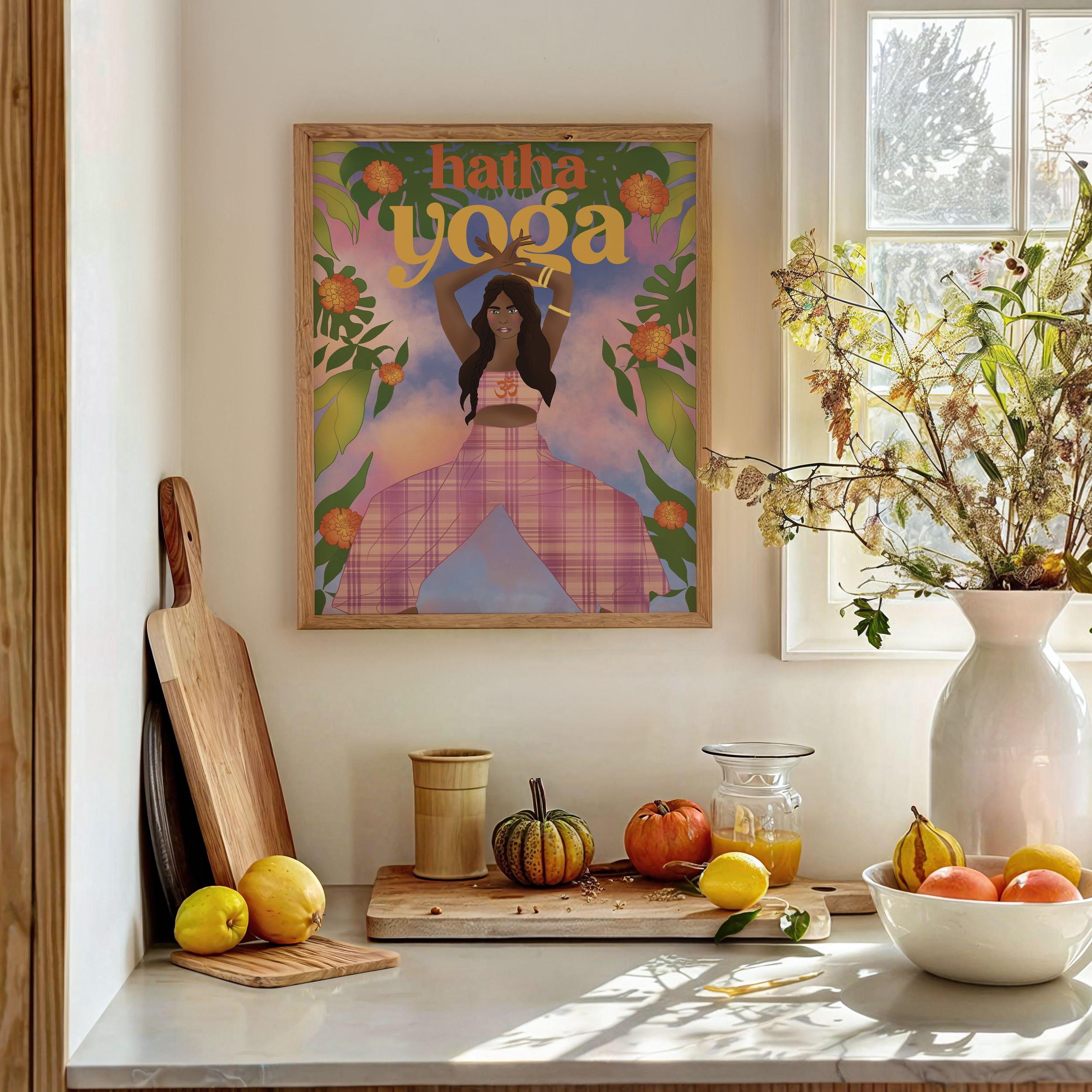 A kitchen windowsill displays decorative pumpkins, apples, and gourds next to a white vase with dried flowers. Sunlight streams through the window, casting shadows on the marble countertop.