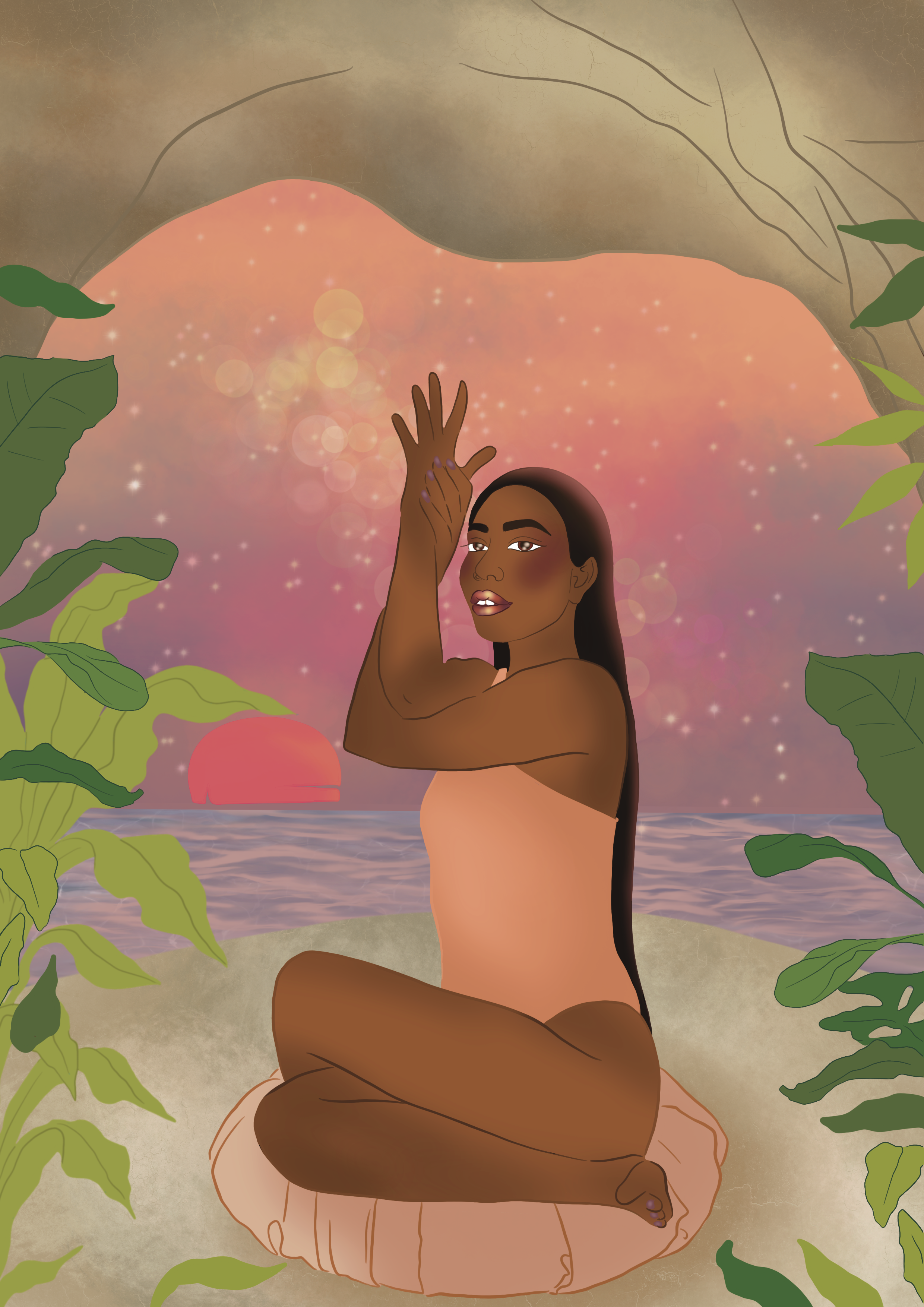 Digital illustration of a woman with dark skin and long dark hair sitting cross-legged on the ground near water at sunset. She is raising one hand, looking content. Surrounding her are green leaves and a cave opening overhead. The sky and water are p
