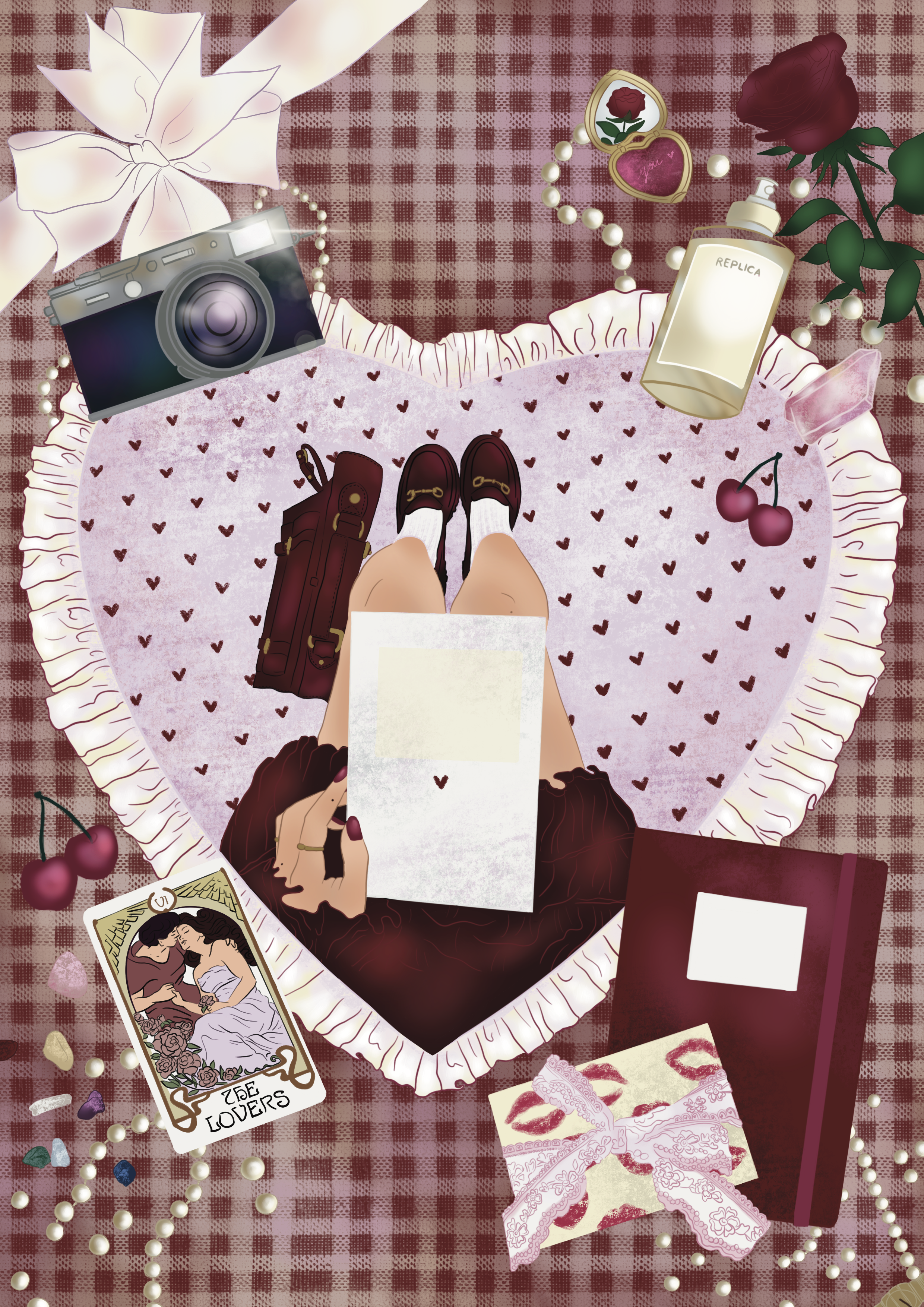 A top-down view of a woman's legs and feet in burgundy shoes and cream socks, standing on a pink heart-shaped rug with small hearts pattern. Surrounding items include a vintage camera, a red rose, a pearl necklace, a heart-shaped jewelry box with a r