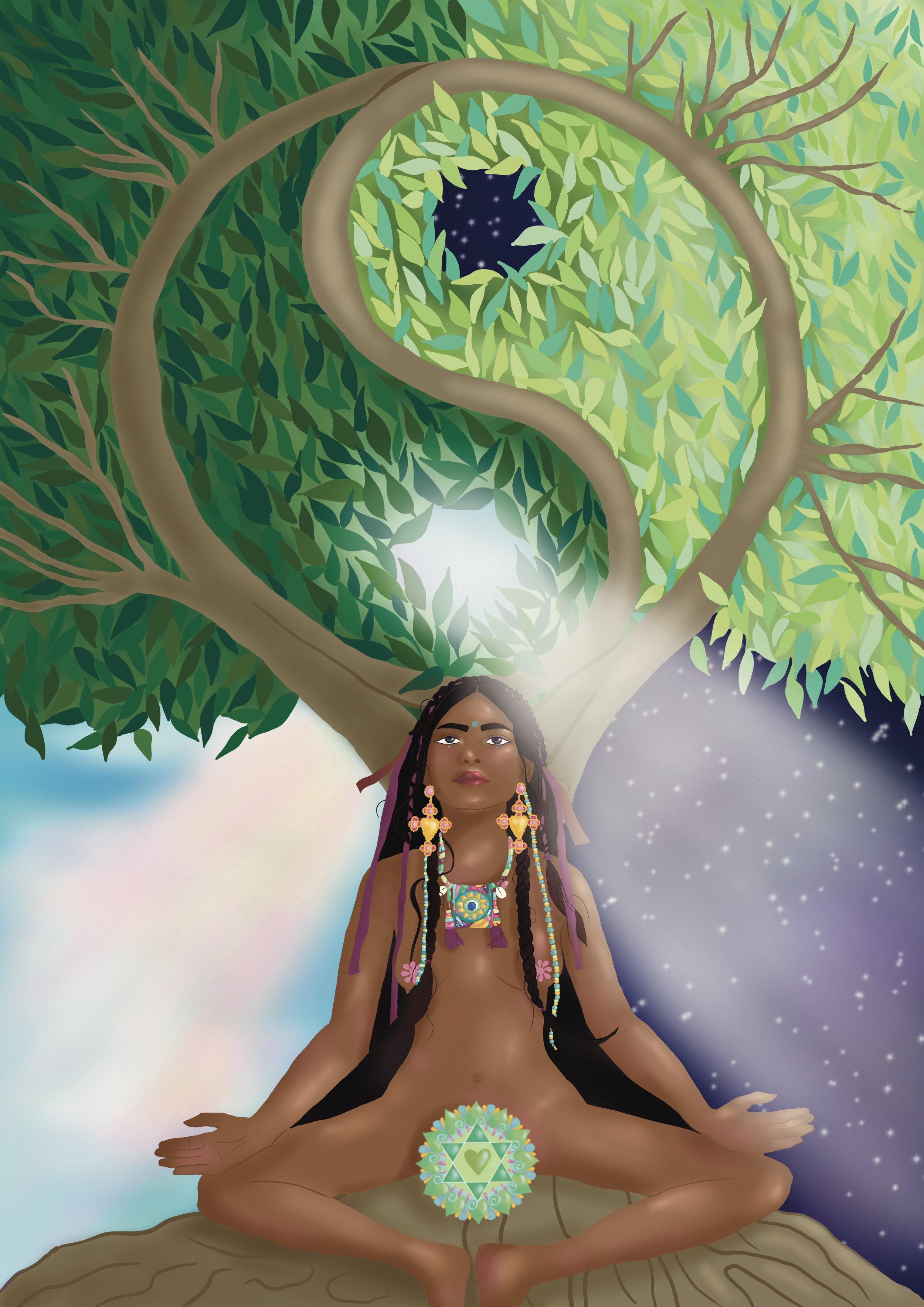 A woman with long braids and traditional jewelry sits cross-legged under a large tree. She appears to be meditating, with a peaceful expression. The tree has lush green leaves, with a spiral pattern in the sky that shows a night scene with stars and 
