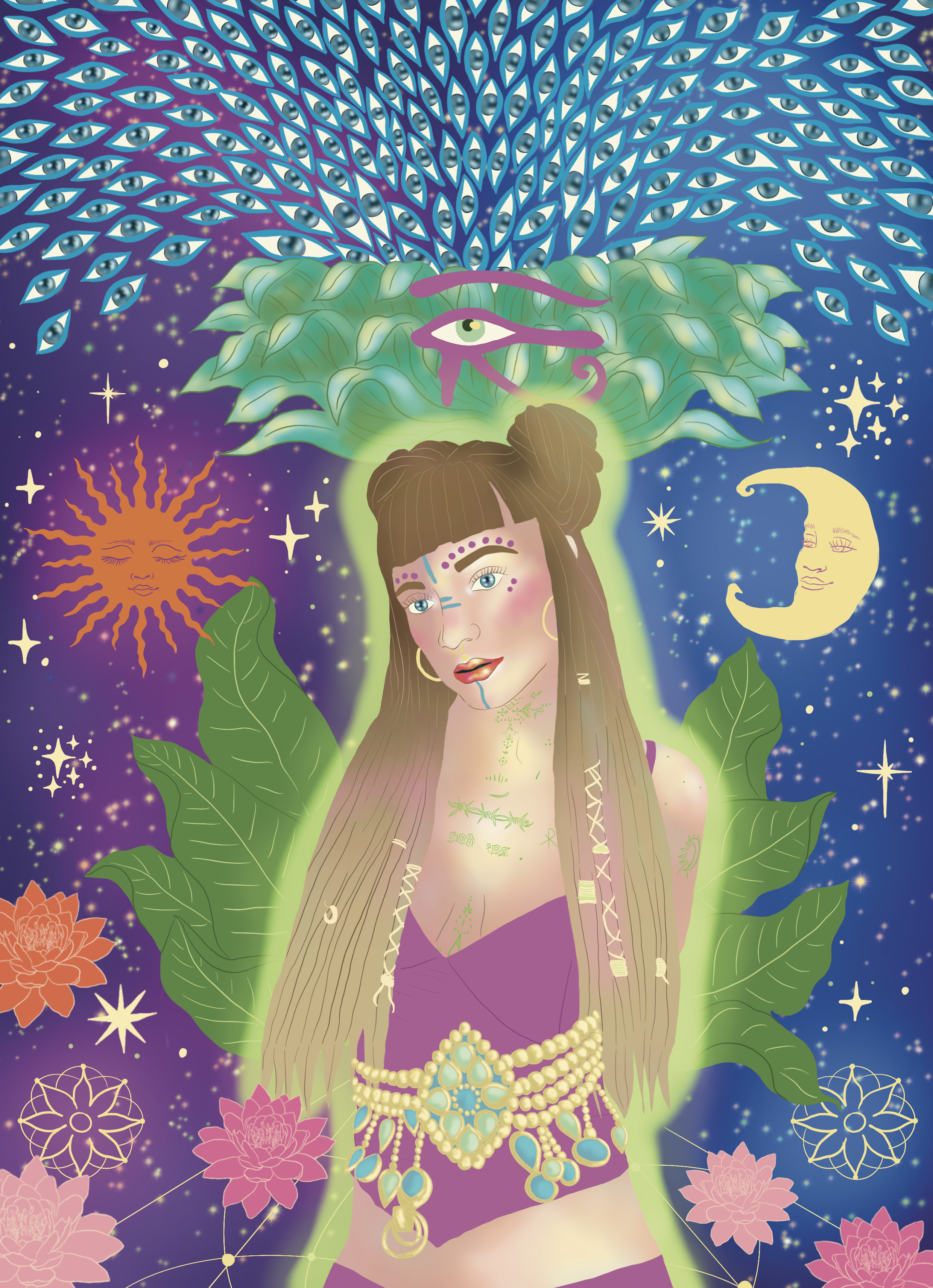 A mystical female figure with long brown hair, adorned with jewelry and tattoos, surrounded by leaves, flowers, celestial symbols, and eyes in a colorful, cosmic background.