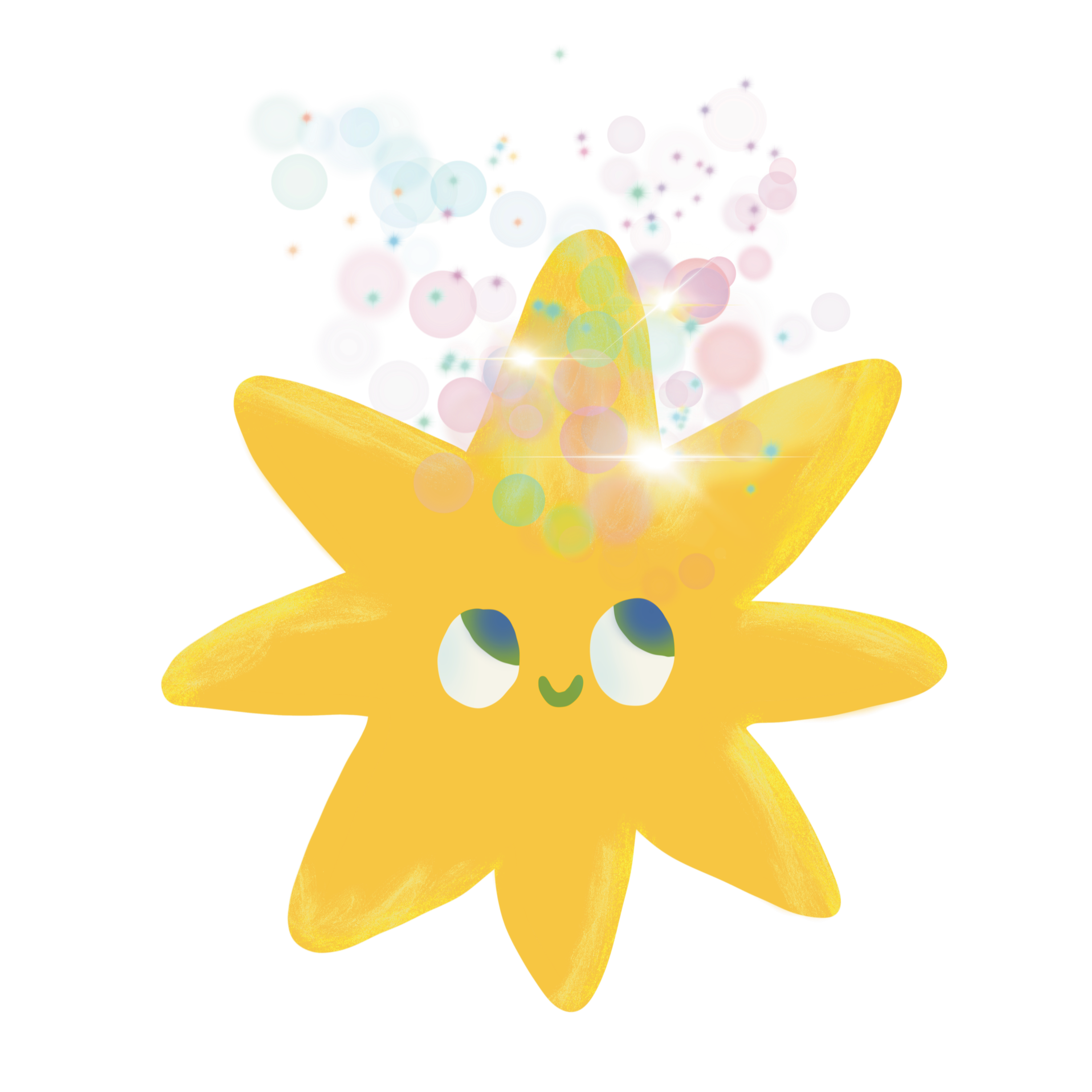 A yellow flower with petals opening upward, with colorful glowing orbs and sparkles around it, against a black background.