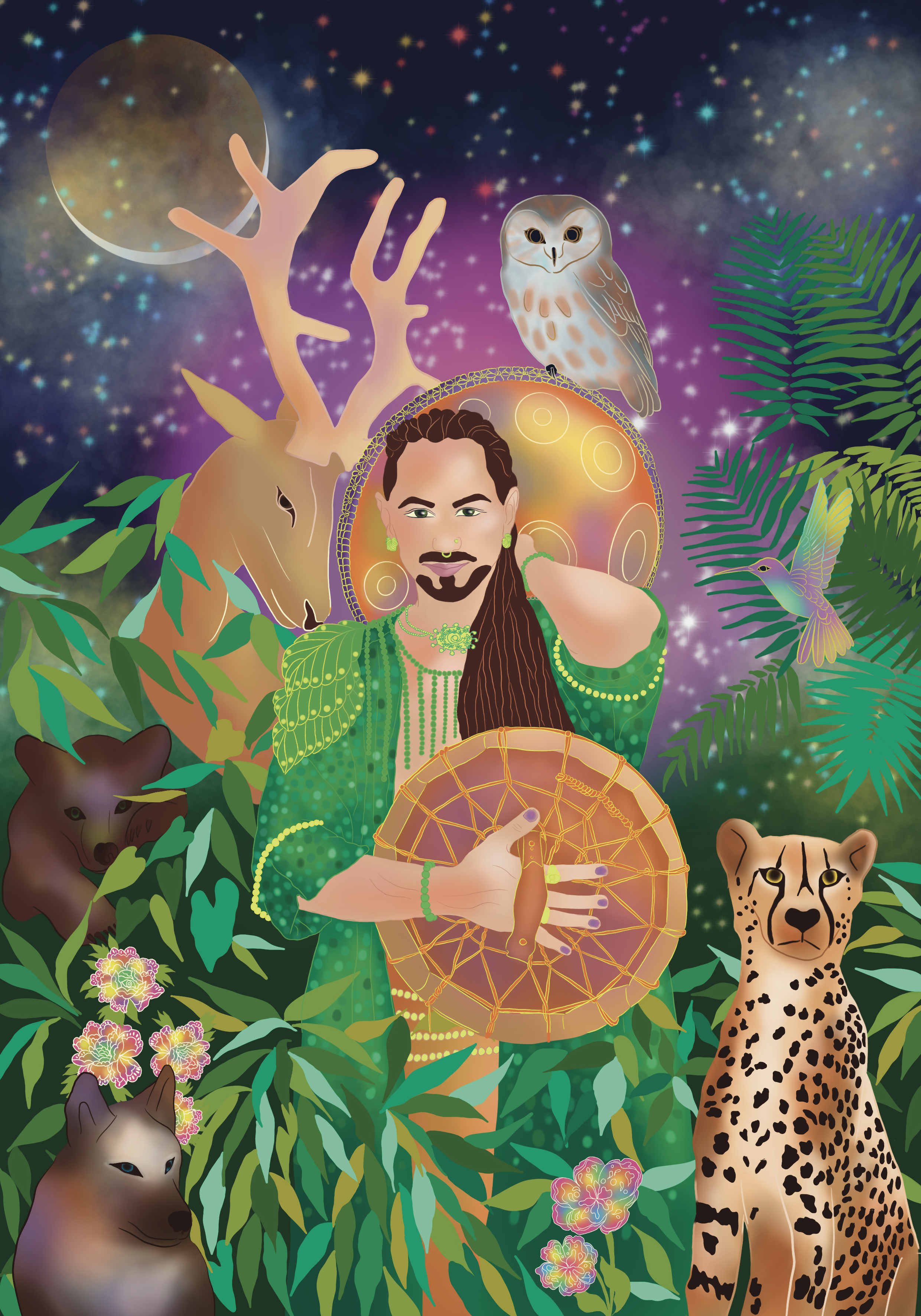 A colorful digital artwork featuring a person with long braided hair, wearing green jewelry and clothing, holding a dreamcatcher. Surrounding them are animals including a cheetah, an owl, a fox, a hummingbird, and a bear cub, with lush green foliage,