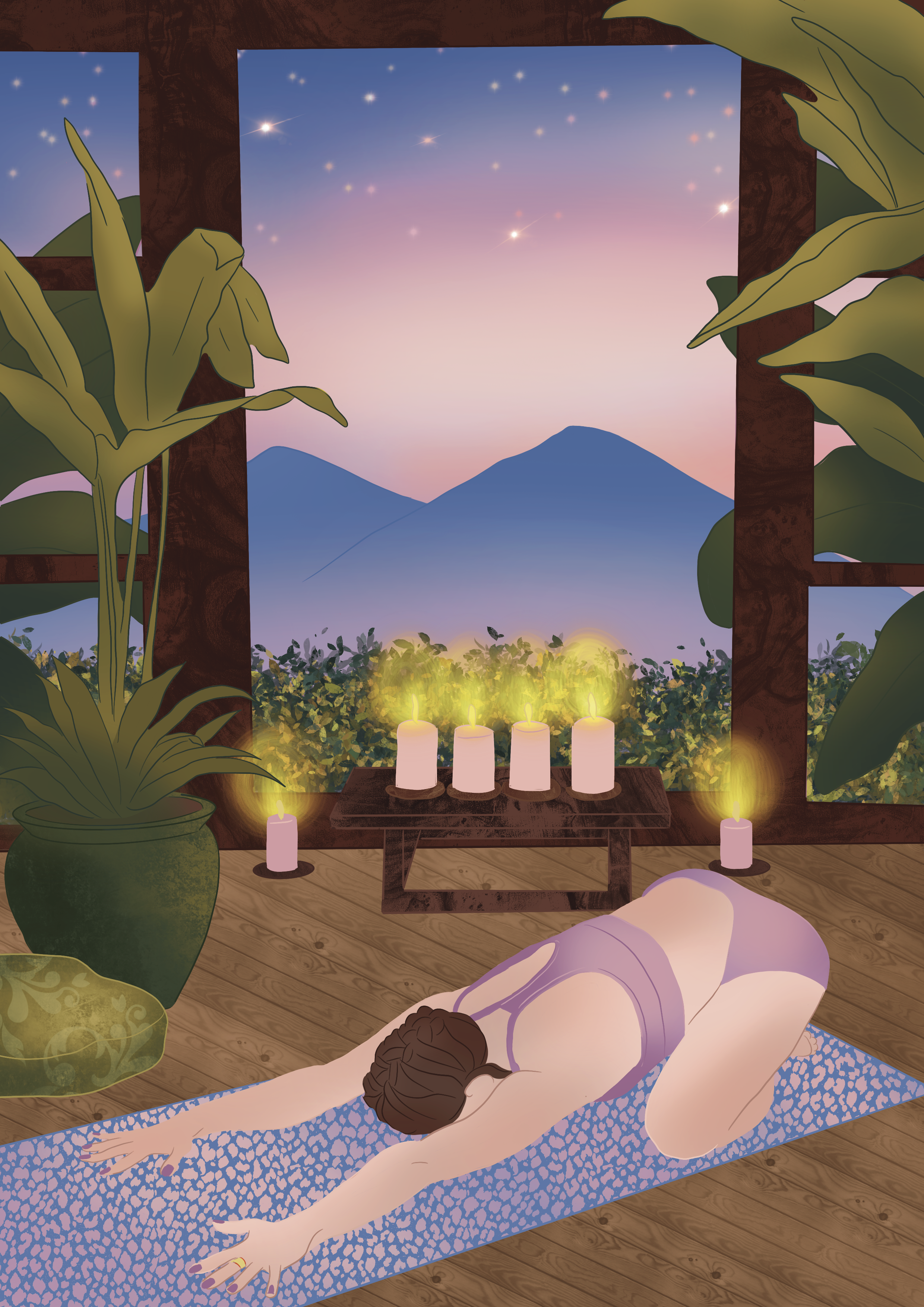 A woman lying on a yoga mat in a room with wooden floors, surrounded by potted plants and candles. The room has large windows showing mountains and a starry sky at dusk.