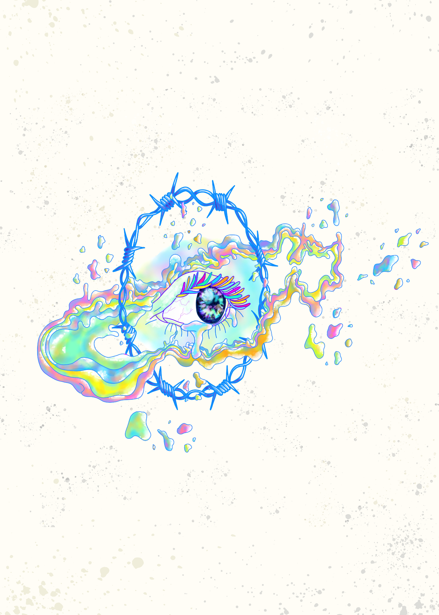 Digital illustration of a human eye with colorful, abstract surrounding elements enclosed by a blue barbed wire circle.