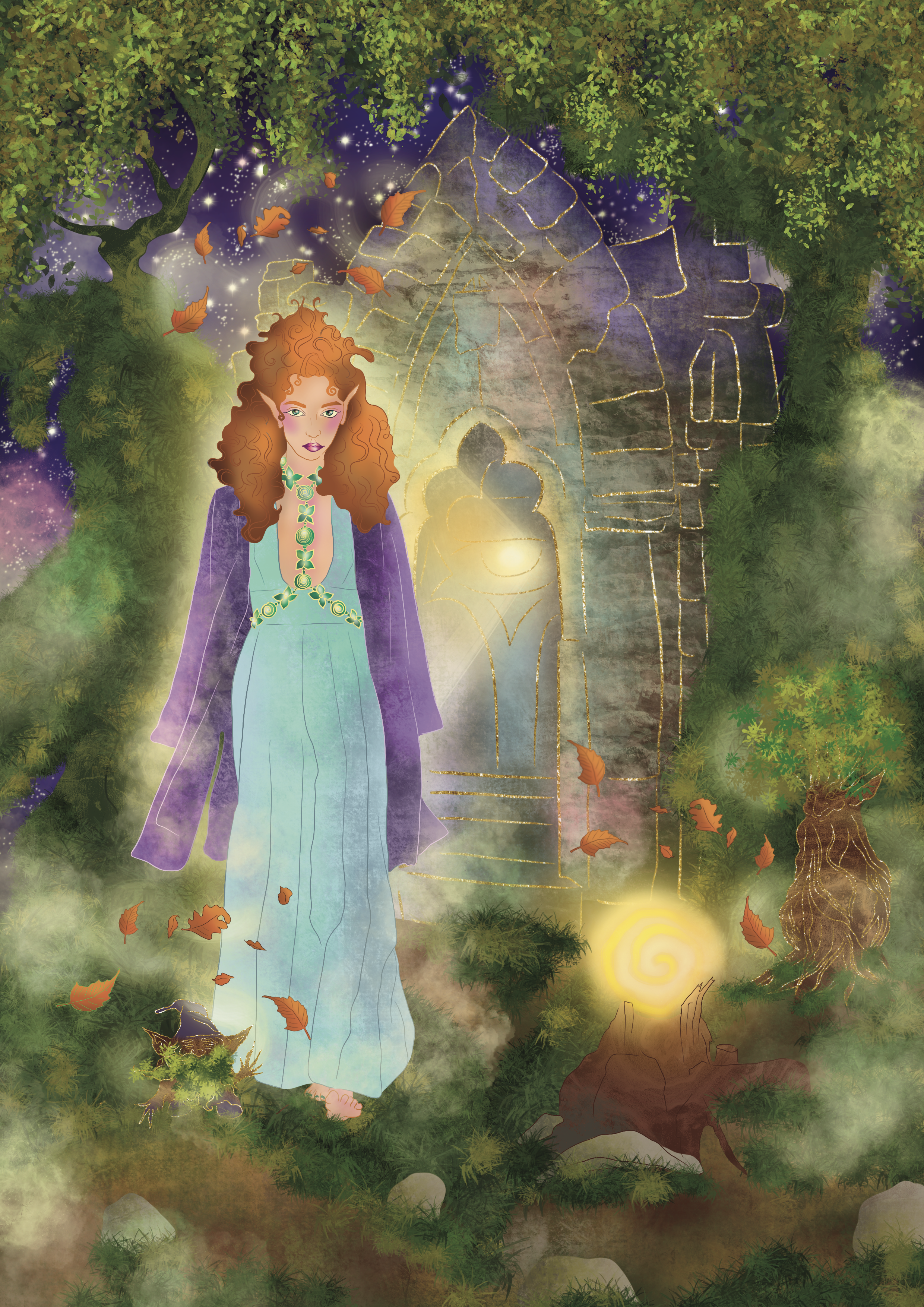 A fantasy scene with a woman with long, curly red hair standing in a forest clearing surrounded by autumn leaves, glowing orbs, and intricate gold-lined stone structures with archways, amid lush green trees and misty fog.