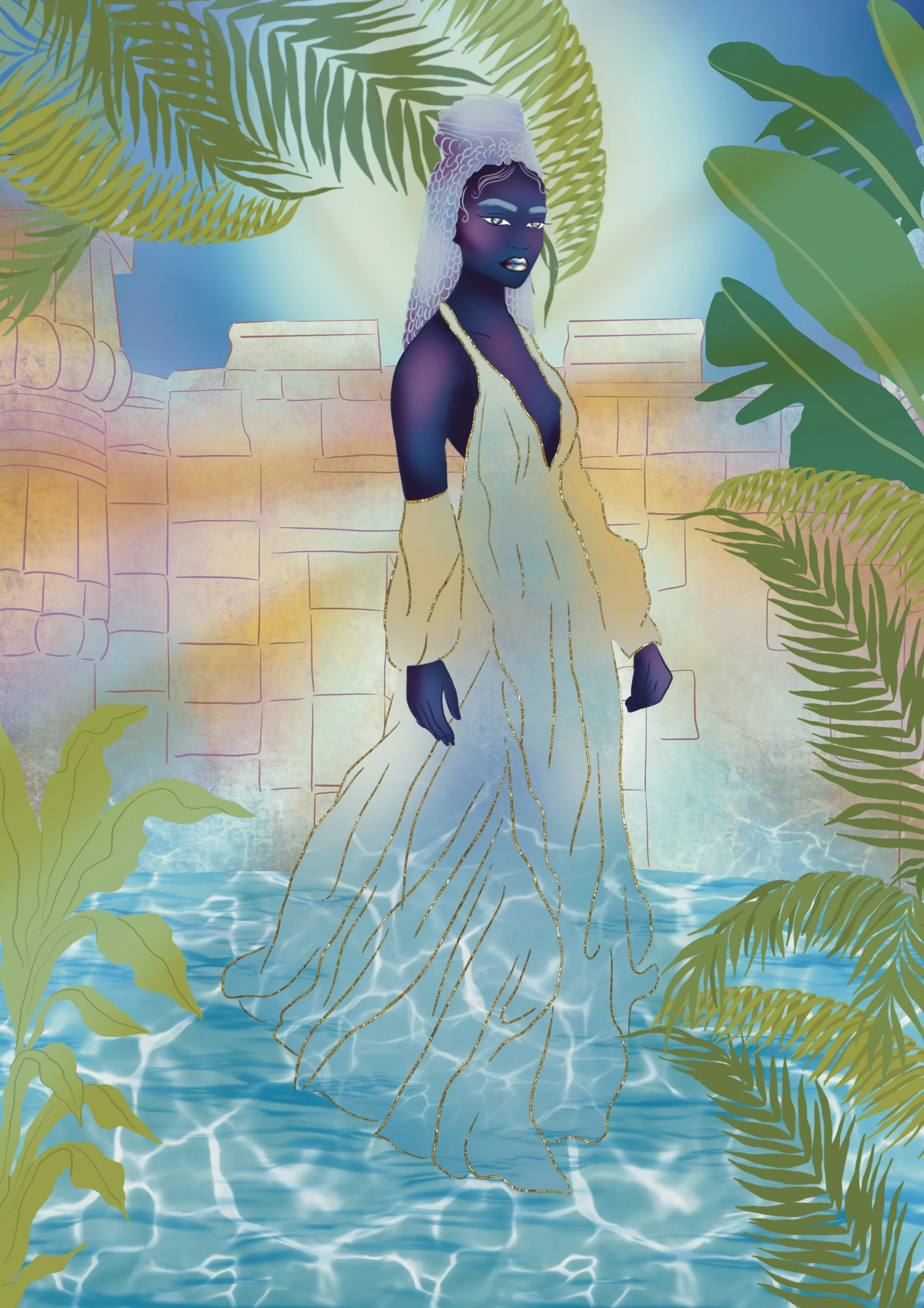 Digital illustration of a woman with dark blue skin and long, curly grey hair, standing in a swimming pool surrounded by lush green tropical plants. She wears a flowing yellow dress with gold accents and looks contemplative.