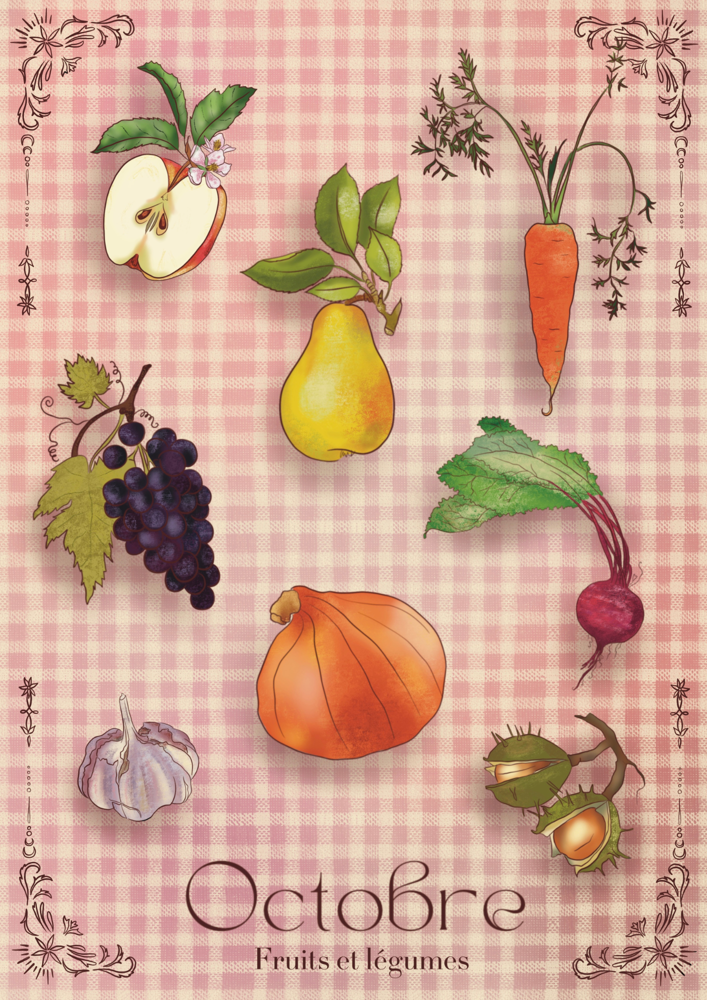 Illustration of various fruits and vegetables like apple, pear, carrot, grape, onion, garlic, and beet on a pink checkered tablecloth background with decorative borders, and the words 'October Fruits et légumes' at the bottom.